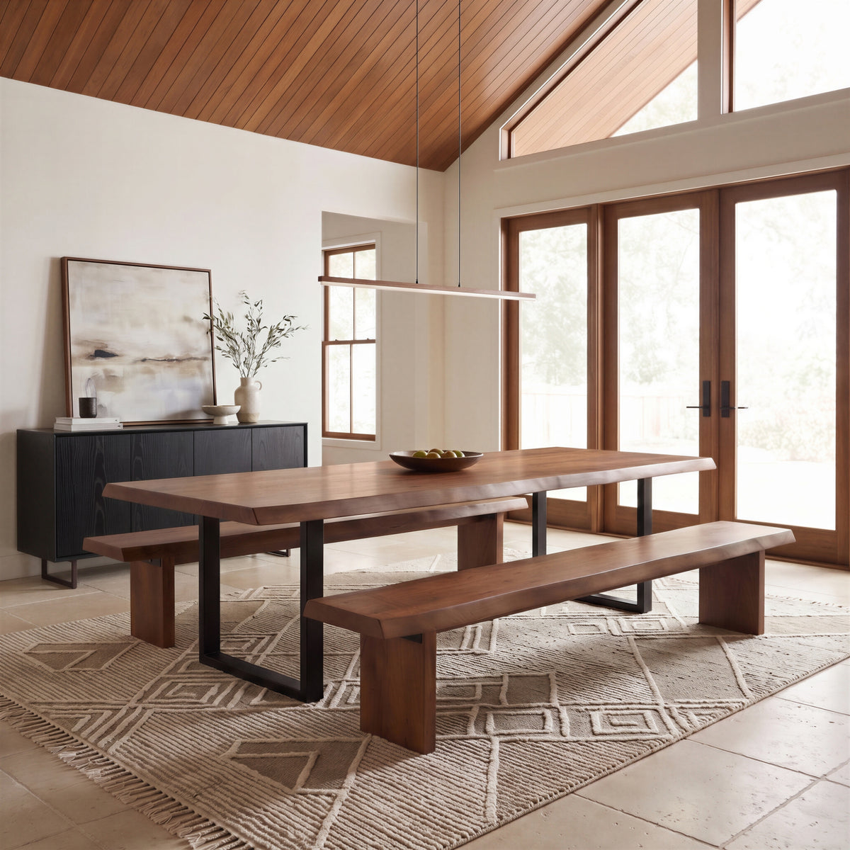 Brooks Dining Table - U Base by Urbia, wide dining-room setting with twin benches under a vaulted ceiling