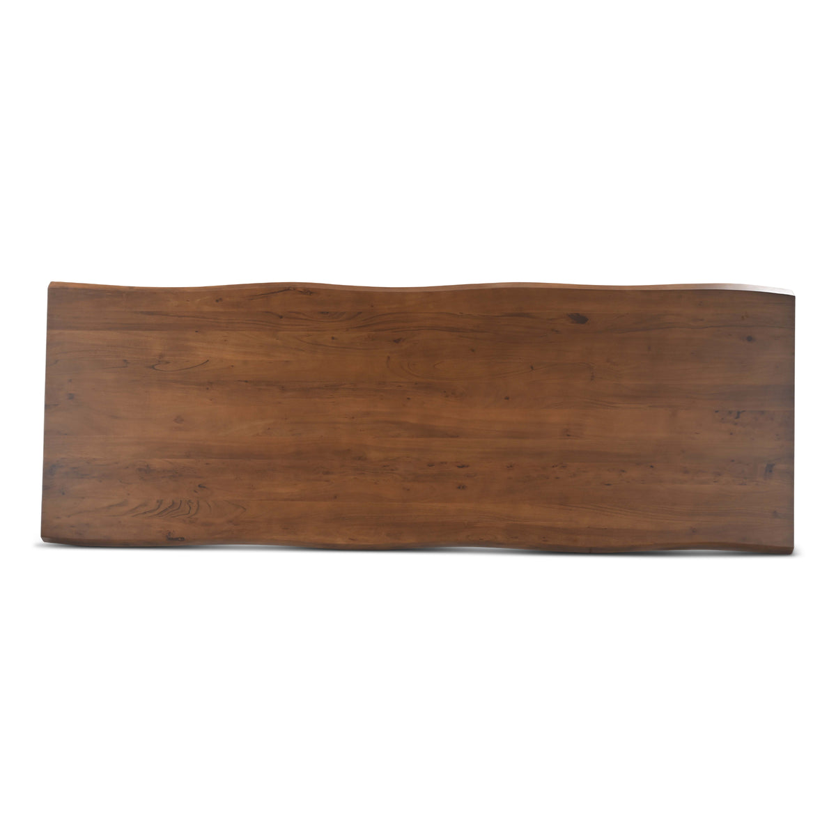 Brooks Dining Table - U Base by Urbia — overhead view of the long warm-brown acacia top with natural live edges