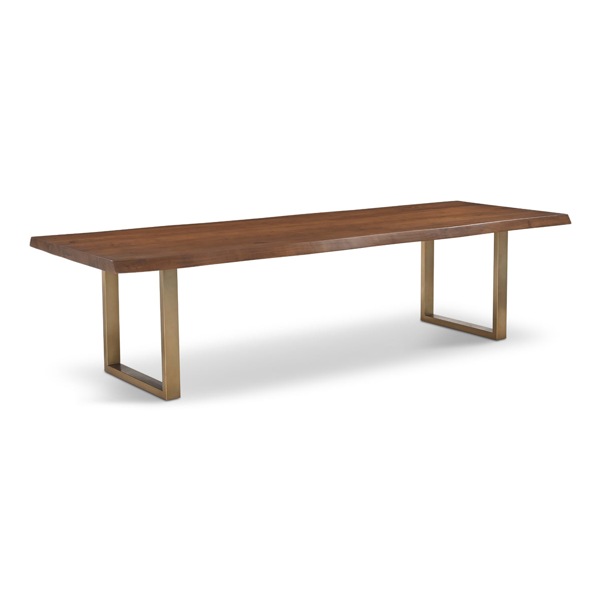 Brooks Dining Table - U Base by Urbia — 116-inch Americano acacia top with Brass U base, three-quarter view