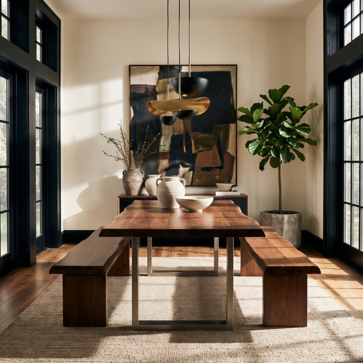 Brooks Dining Table - U Base by Urbia, front three-quarter lifestyle view with twin benches in a sunlit room