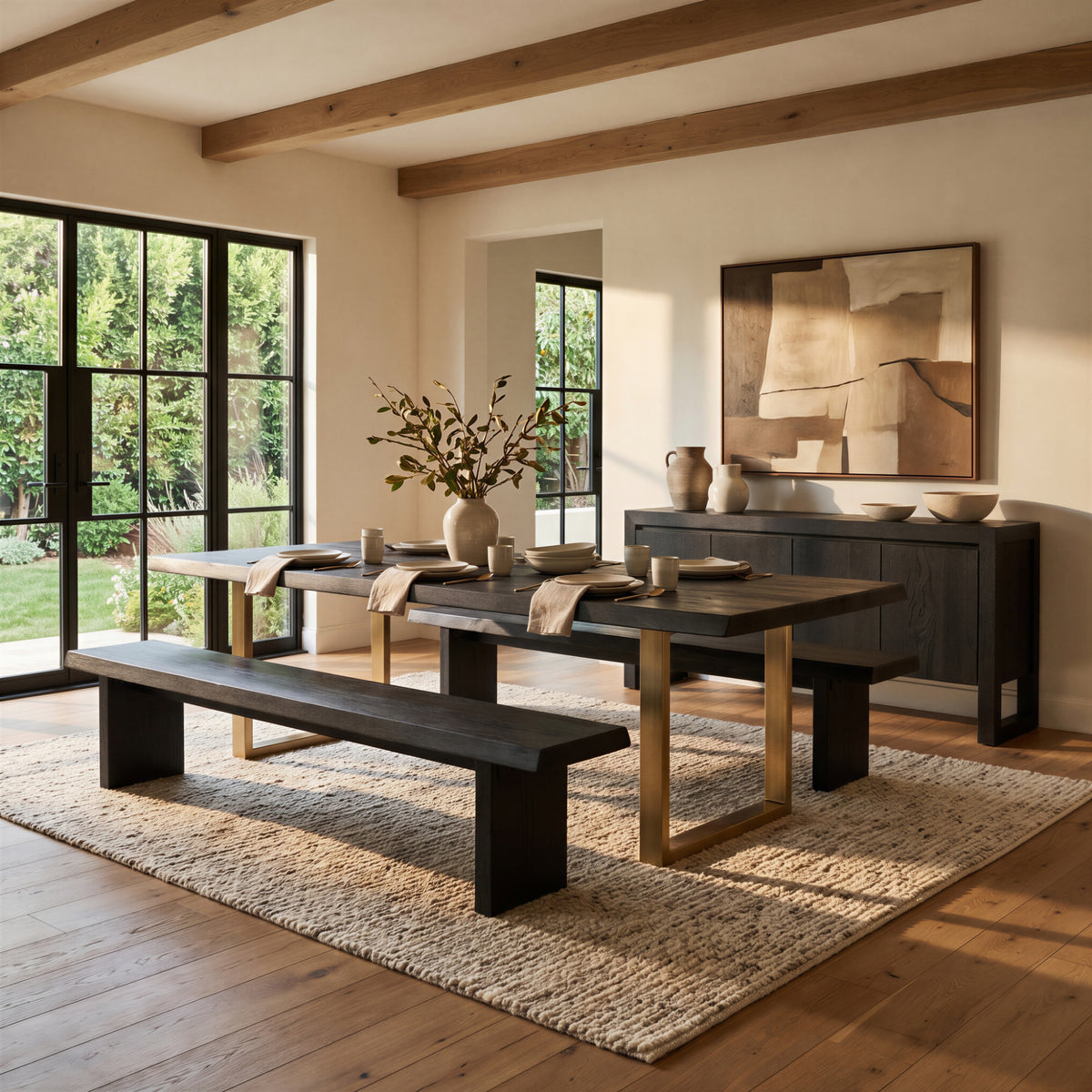 Brooks Dining Table - U Base by Urbia, dining-room setting with bench and chairs beside a matching sideboard