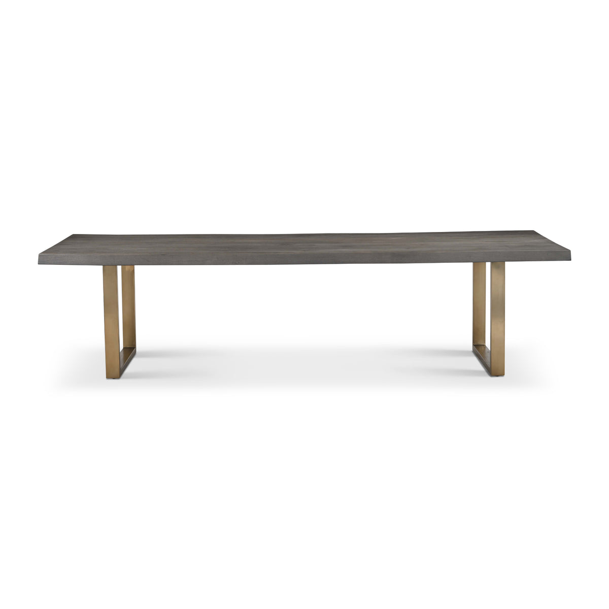 Brooks Dining Table - U Base by Urbia — wide side profile of the long dark gray top on two warm brass-toned supports
