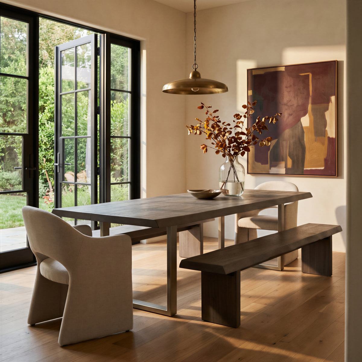 Brooks Dining Table - U Base by Urbia, dining-room setting with two benches and upholstered end chairs