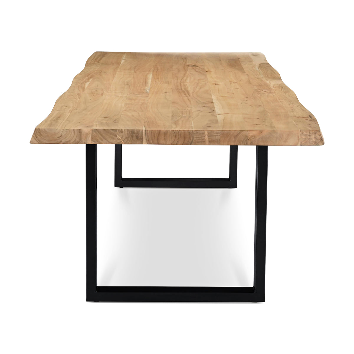 Brooks Dining Table - U Base by Urbia — end-on view highlighting the thick live-edge top and inset U-shaped metal base