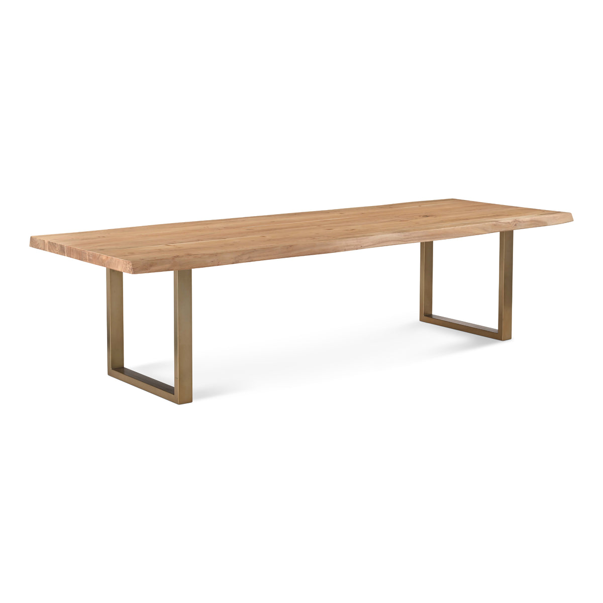 Brooks Dining Table - U Base by Urbia, 116-inch Teak color with Brass base, three-quarter view