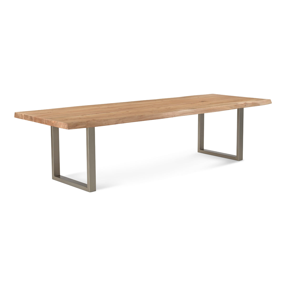 Brooks Dining Table - U Base by Urbia, 116-inch Teak color with Pewter base, three-quarter view