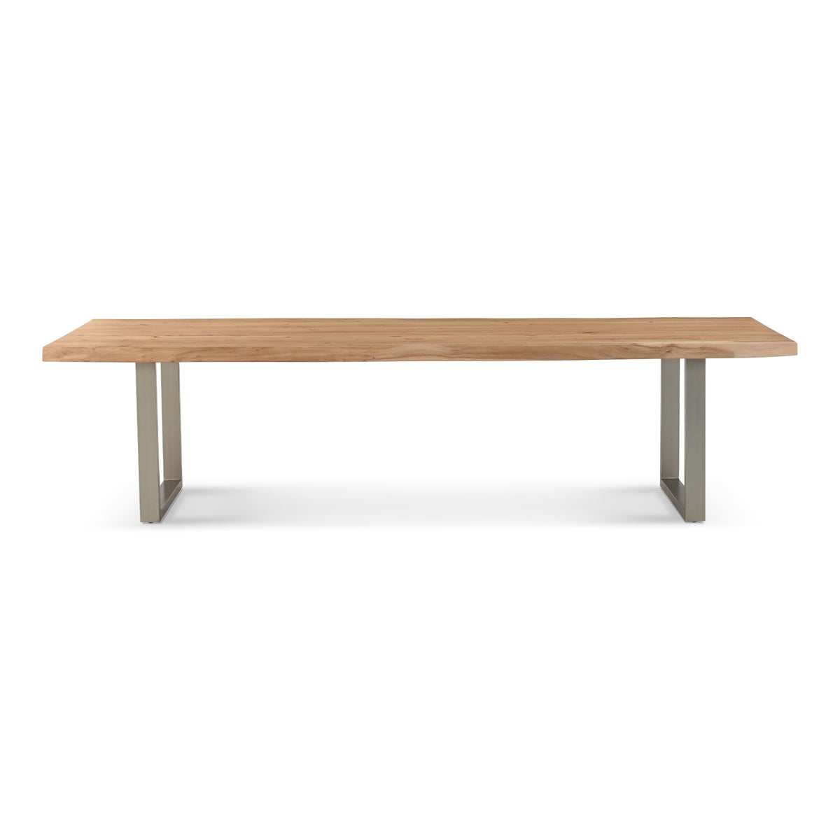 Brooks Dining Table - U Base by Urbia — wide side profile of the long warm tabletop on two metal supports