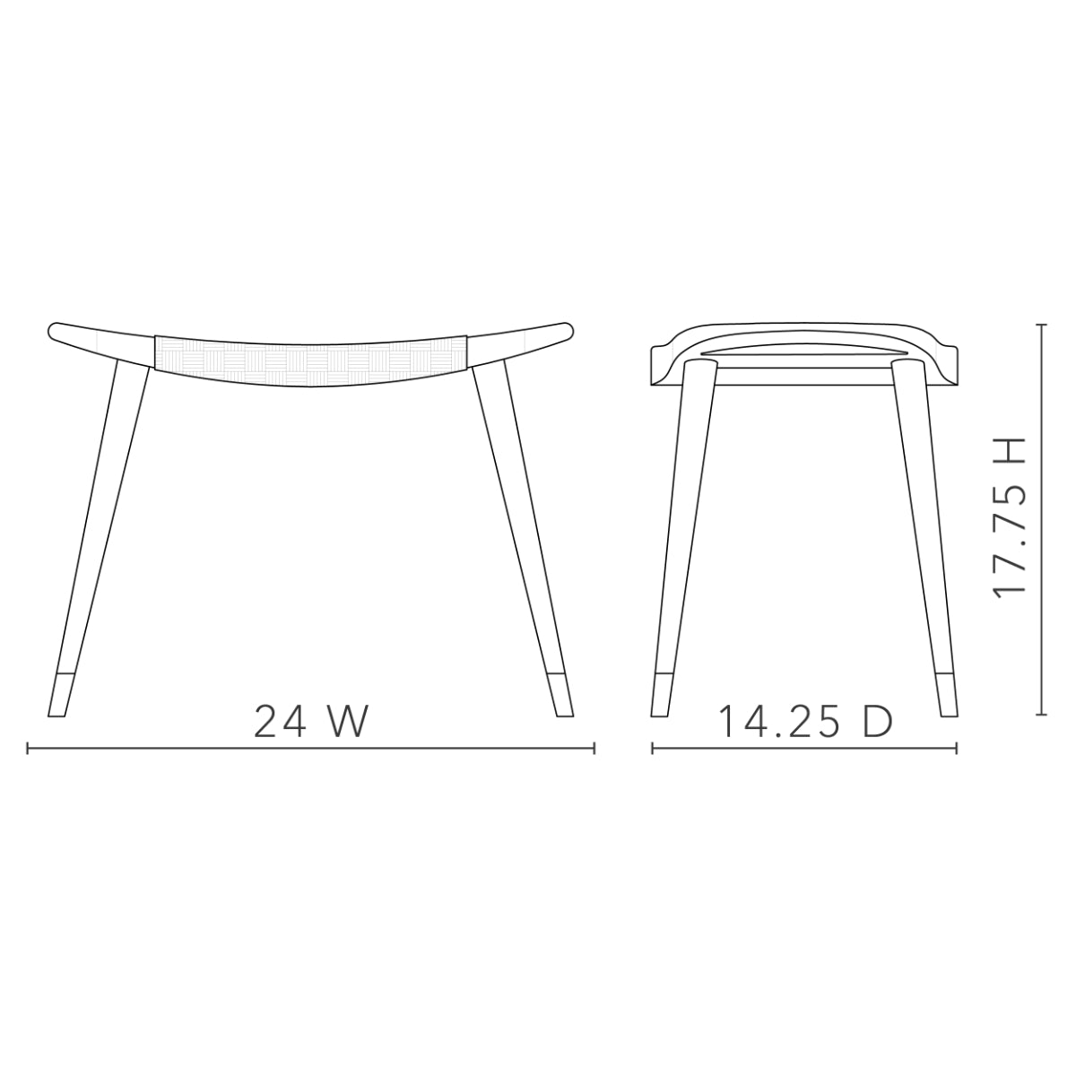 Jerome Stool by Villa & House, dimensional diagram showing 24-inch width, 14.25-inch depth, and 17.75-inch height.