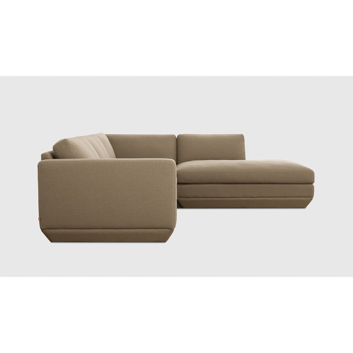 Podium Modular 4PC Lounge Sectional A by Gus* with taupe upholstery, chaise-end side profile.