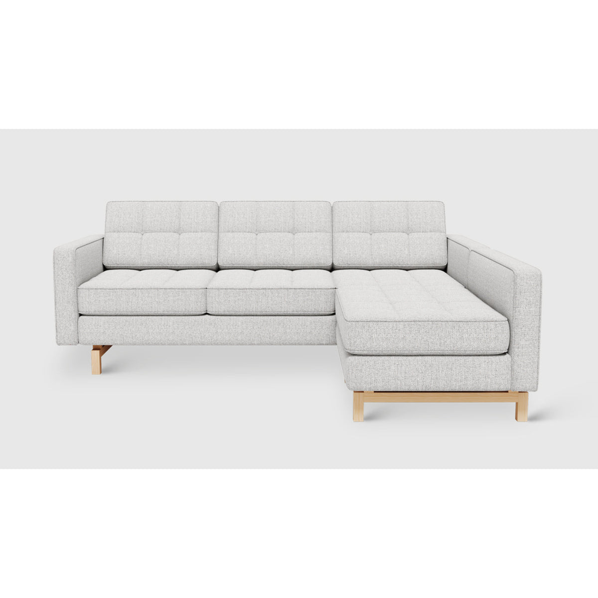 Jane 2 Loft Bi-Sectional by Gus* — Robarts Sauble upholstery, Natural Ash base and chaise at right in front view