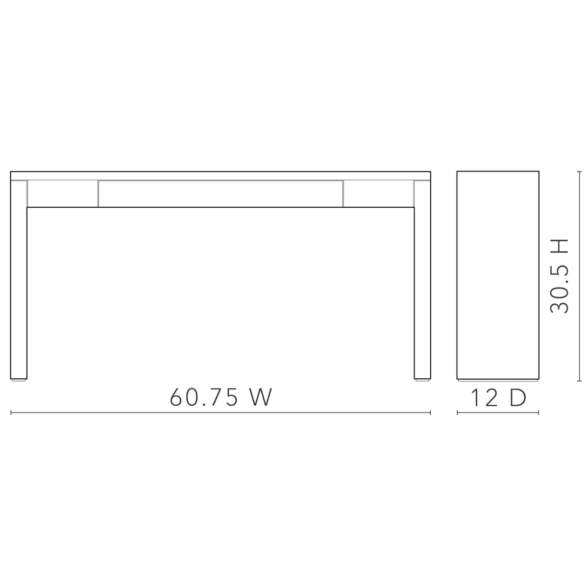 Morgan Large Console Table with Glass Top — dimensions: 60.75 inches wide, 12 deep and 30.5 high