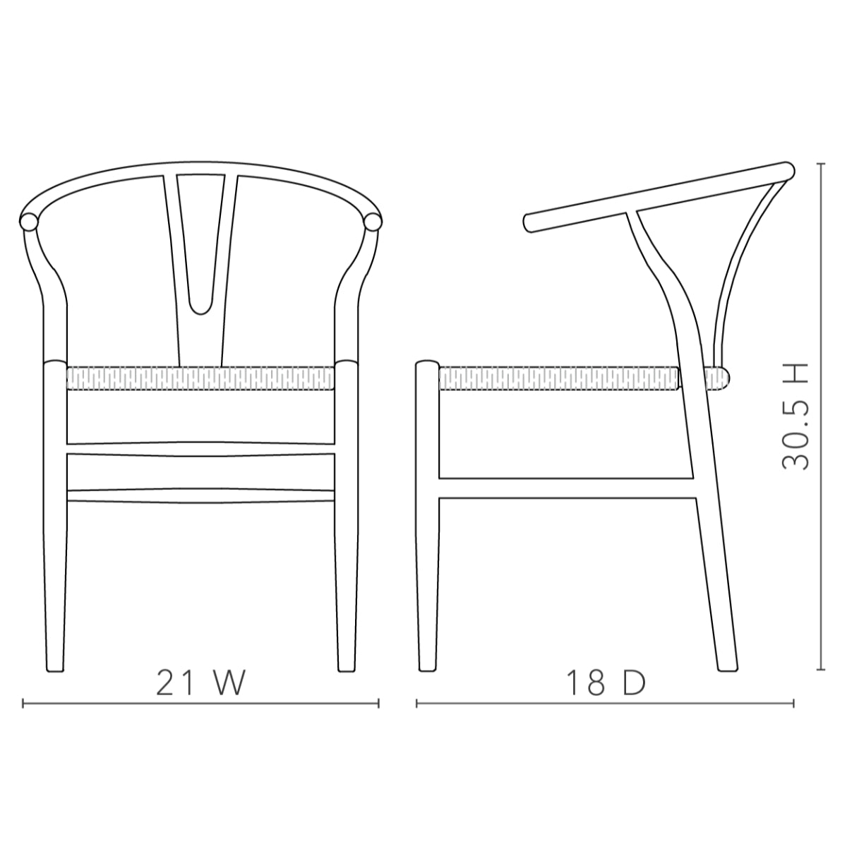 Oslo Armchair dimensions diagram — 21-inch width, 18-inch depth and 30.5-inch height, shown from front and side.