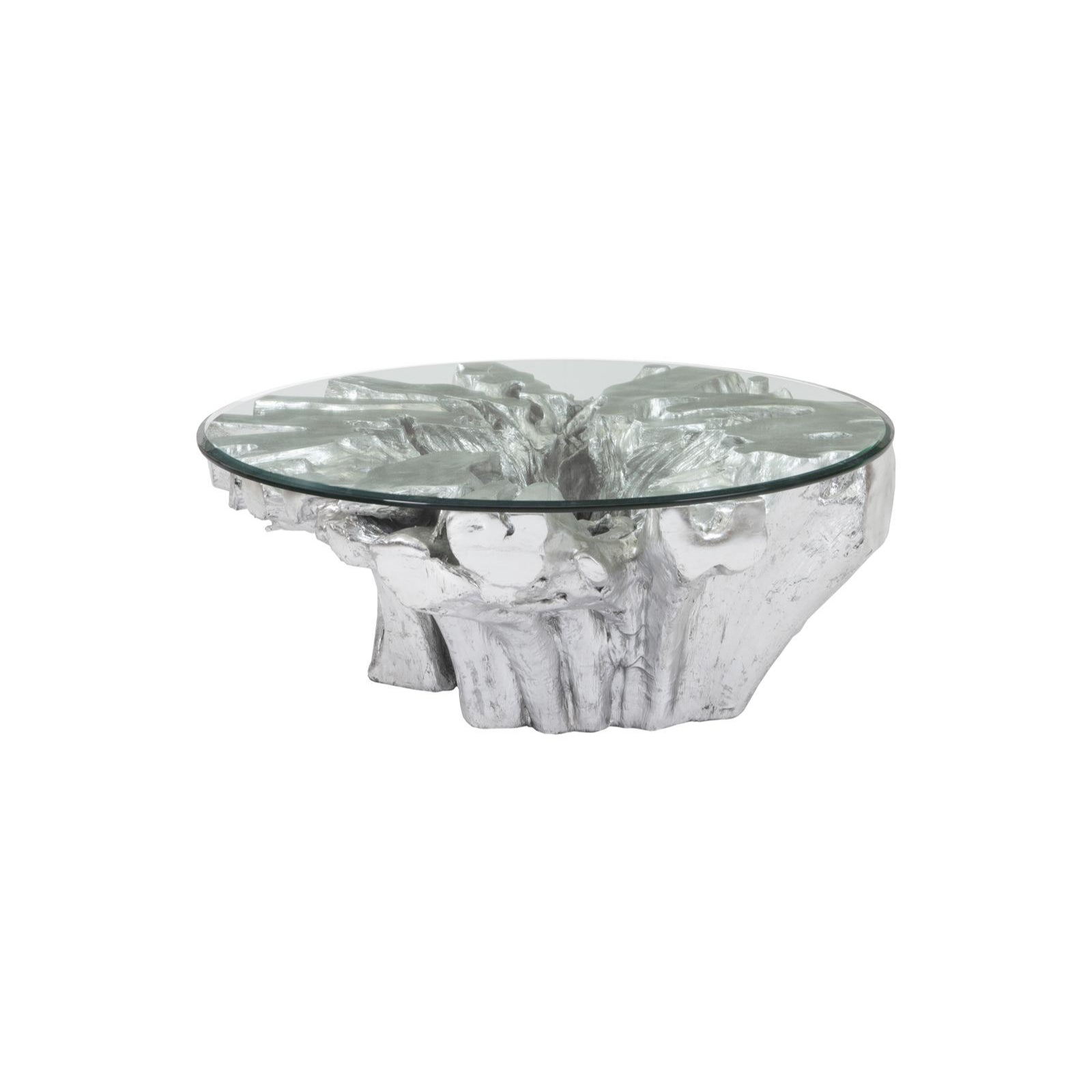 Abyss Cast Root Coffee Table with Glass - Silver Leaf