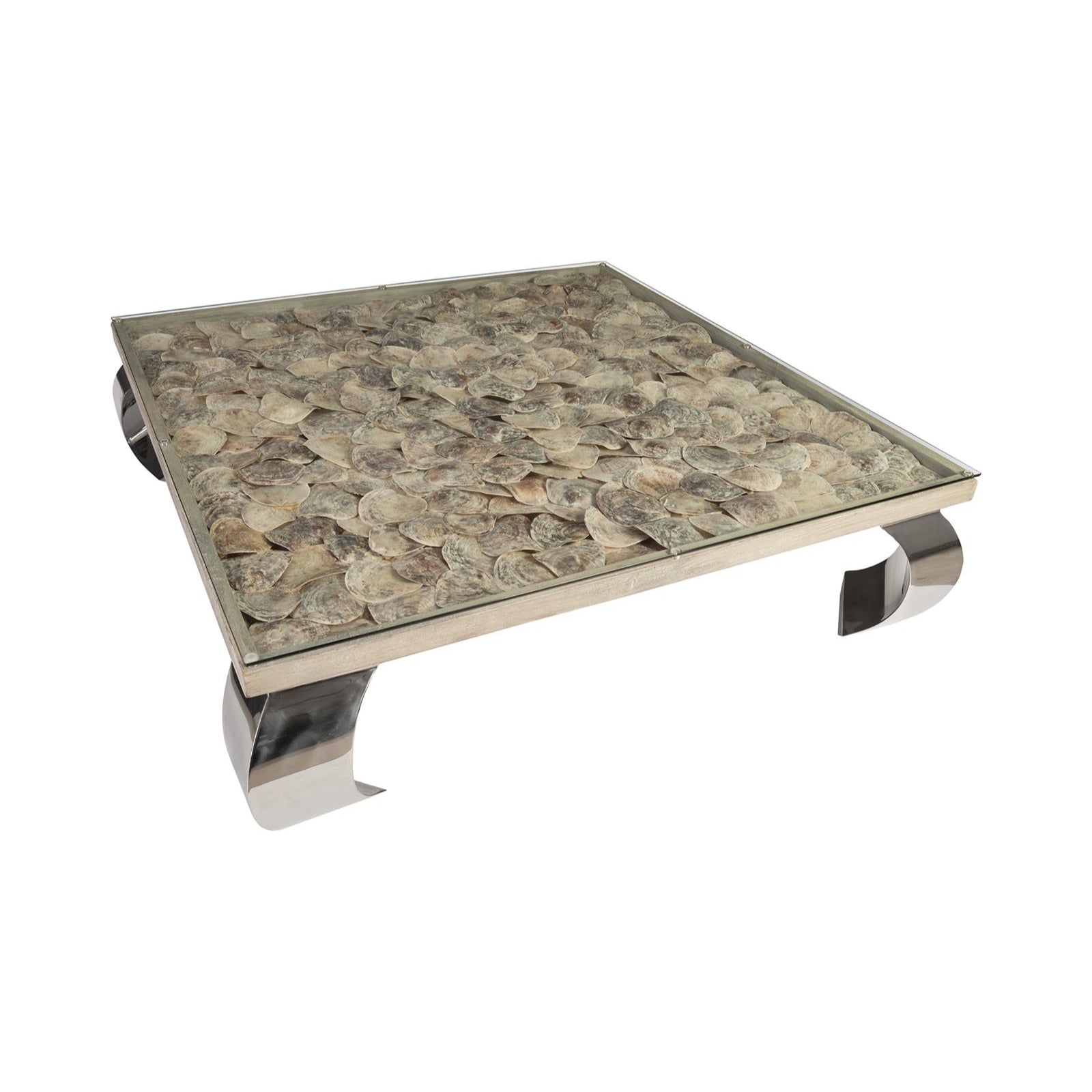 Shell Glass Top Coffee Table with Ming Stainless Steel Legs