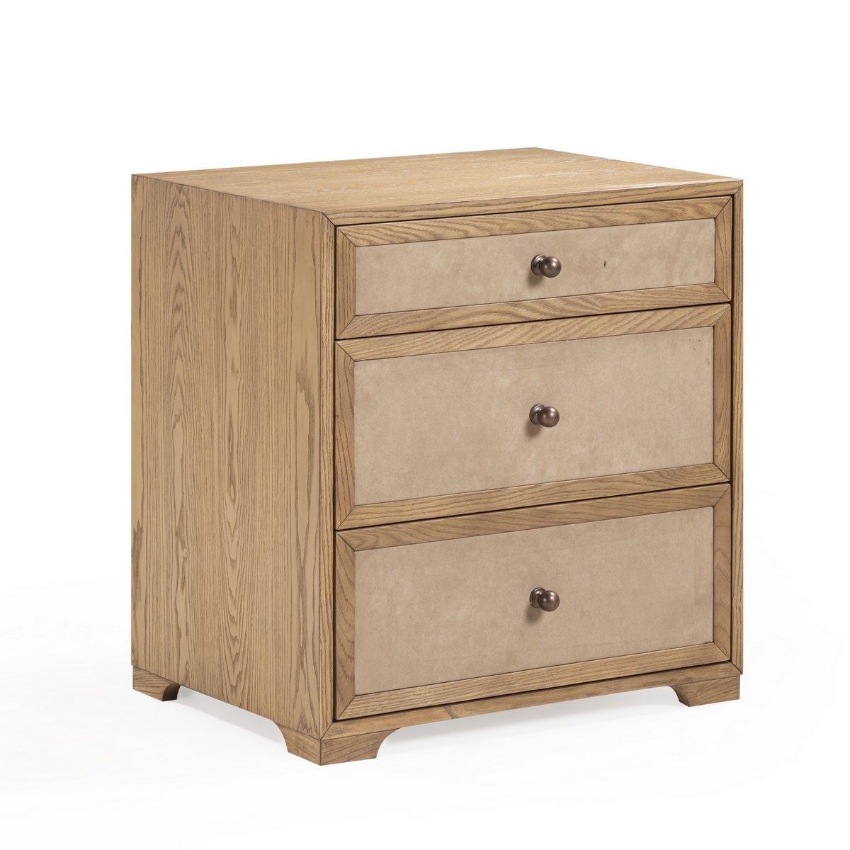Laurentis 23.5" Light Taupe Suede and Wood 3-Drawer Nightstand