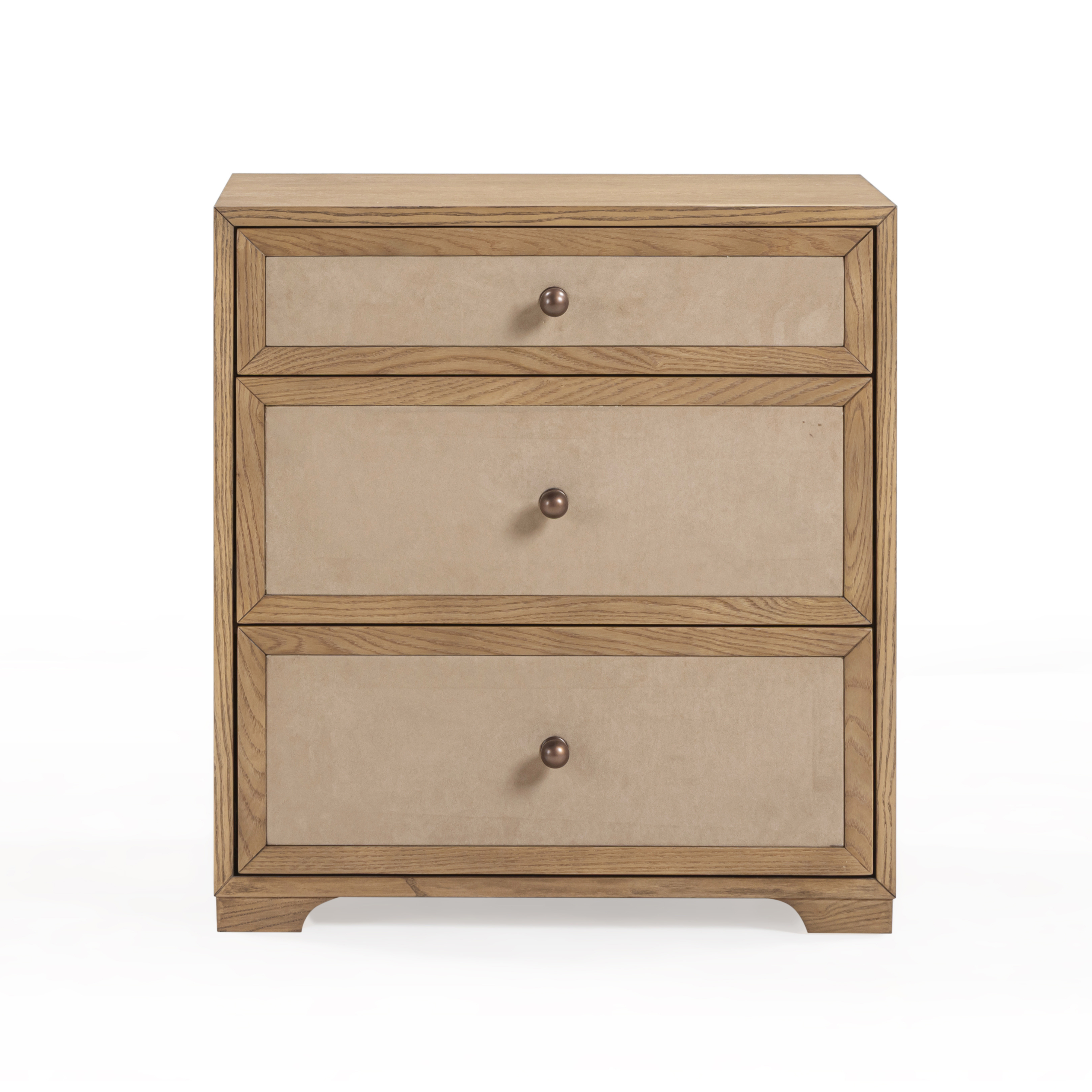 Laurentis 23.5" Light Taupe Suede and Wood 3-Drawer Nightstand