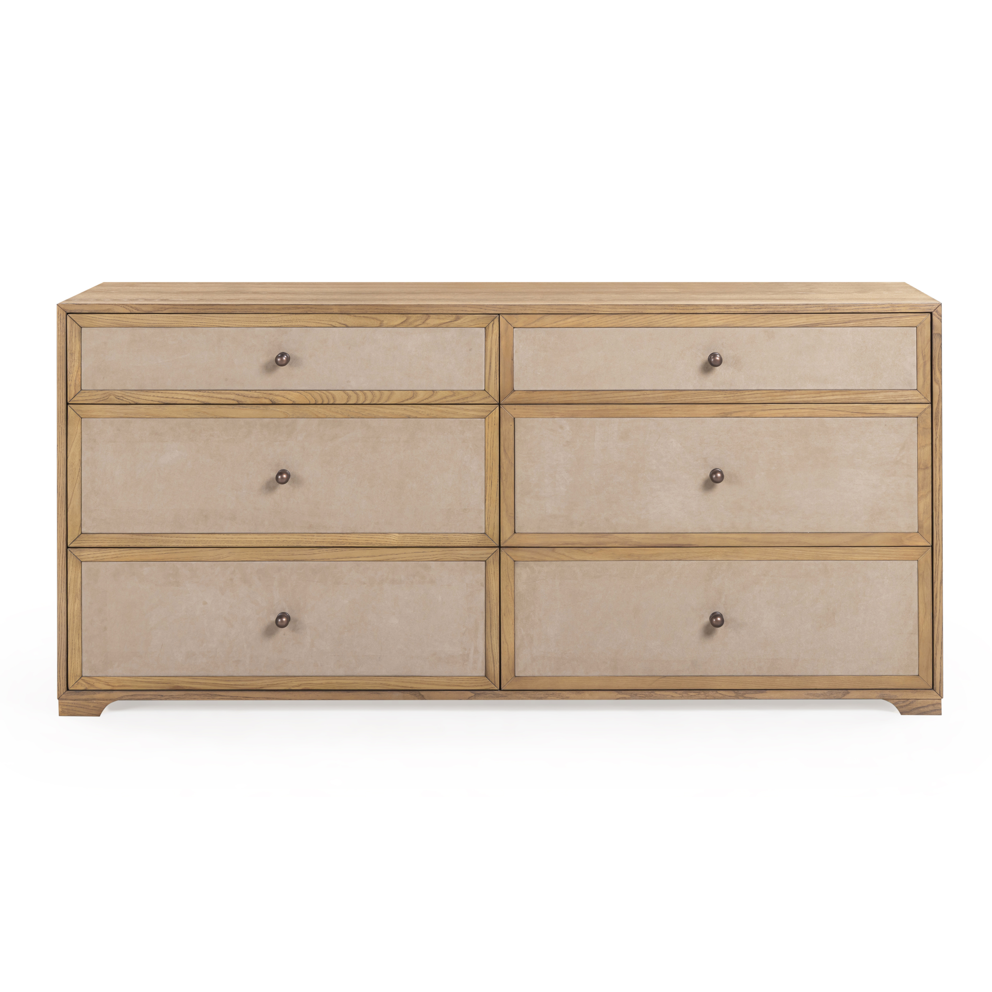 Laurentis 64" Light Taupe Suede and Wood 6-Drawer Dresser