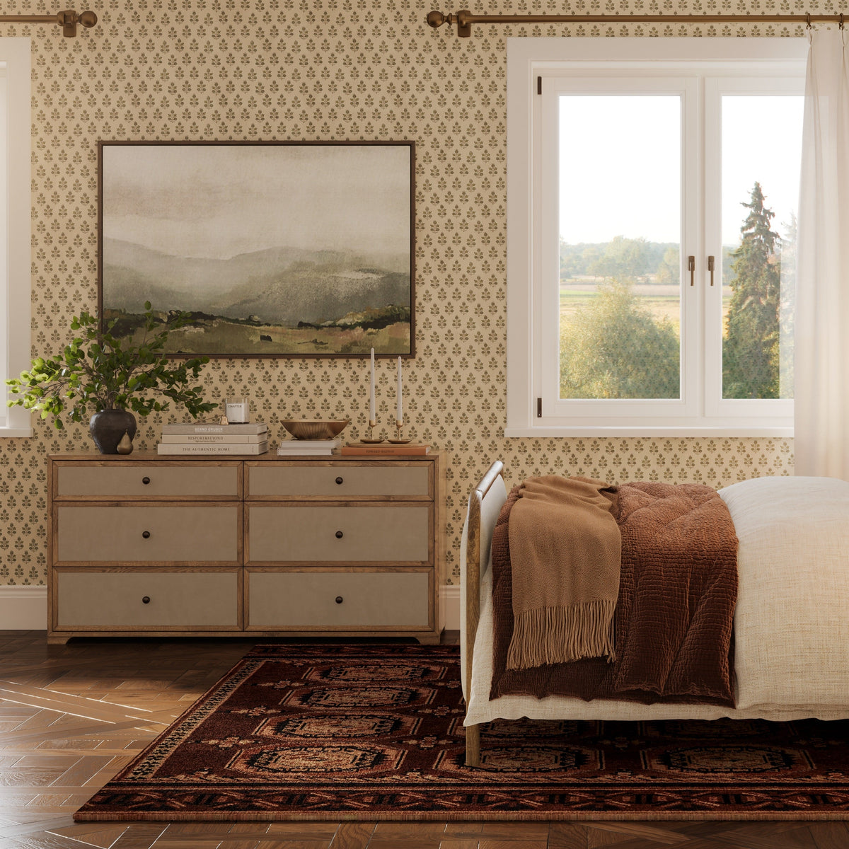 Laurentis 64" Light Taupe Suede and Wood 6-Drawer Dresser