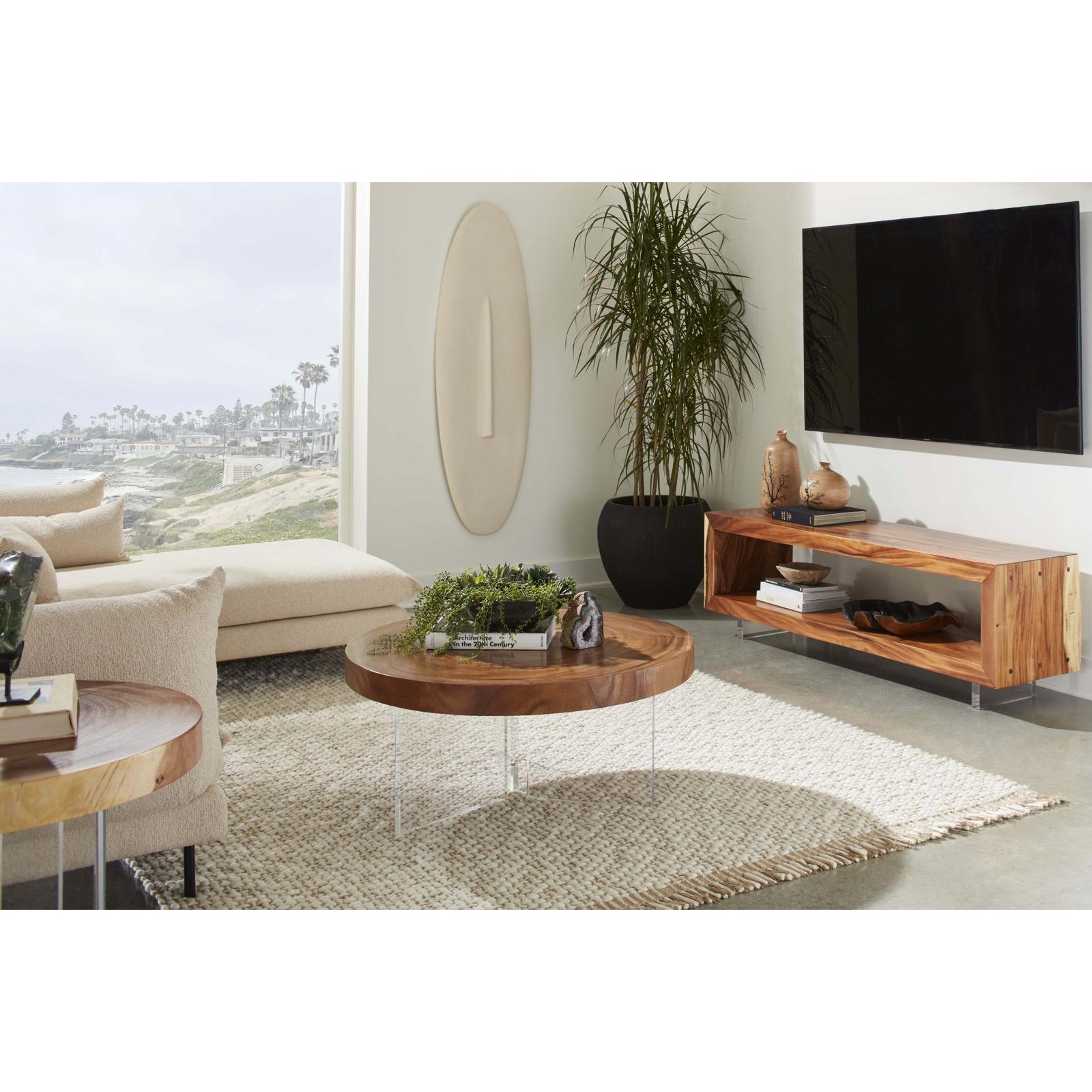 Floating Round Coffee Table with Acrylic Legs - Natural
