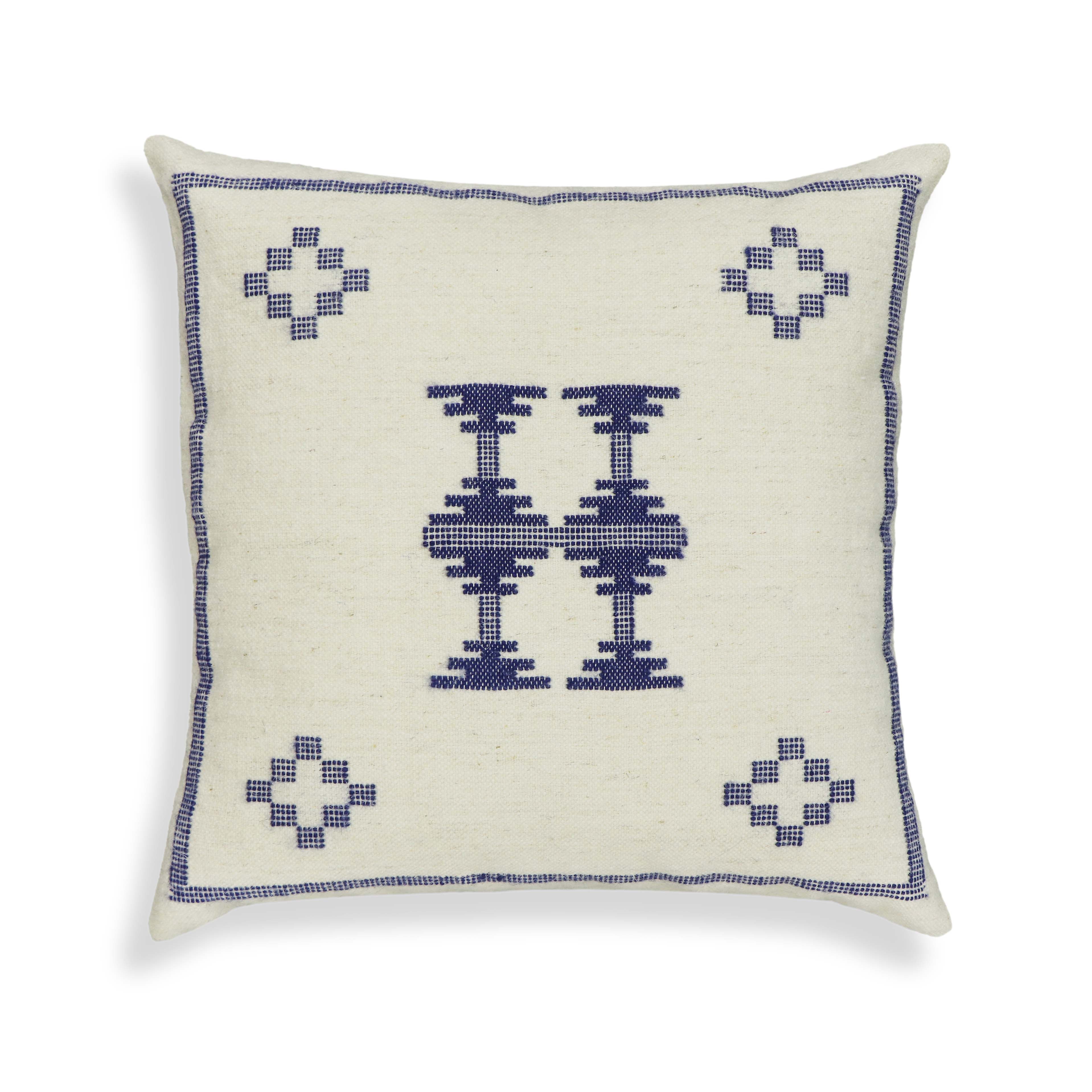 Aztec 20" Cream & Indigo Wool Square Throw Pillow Cover