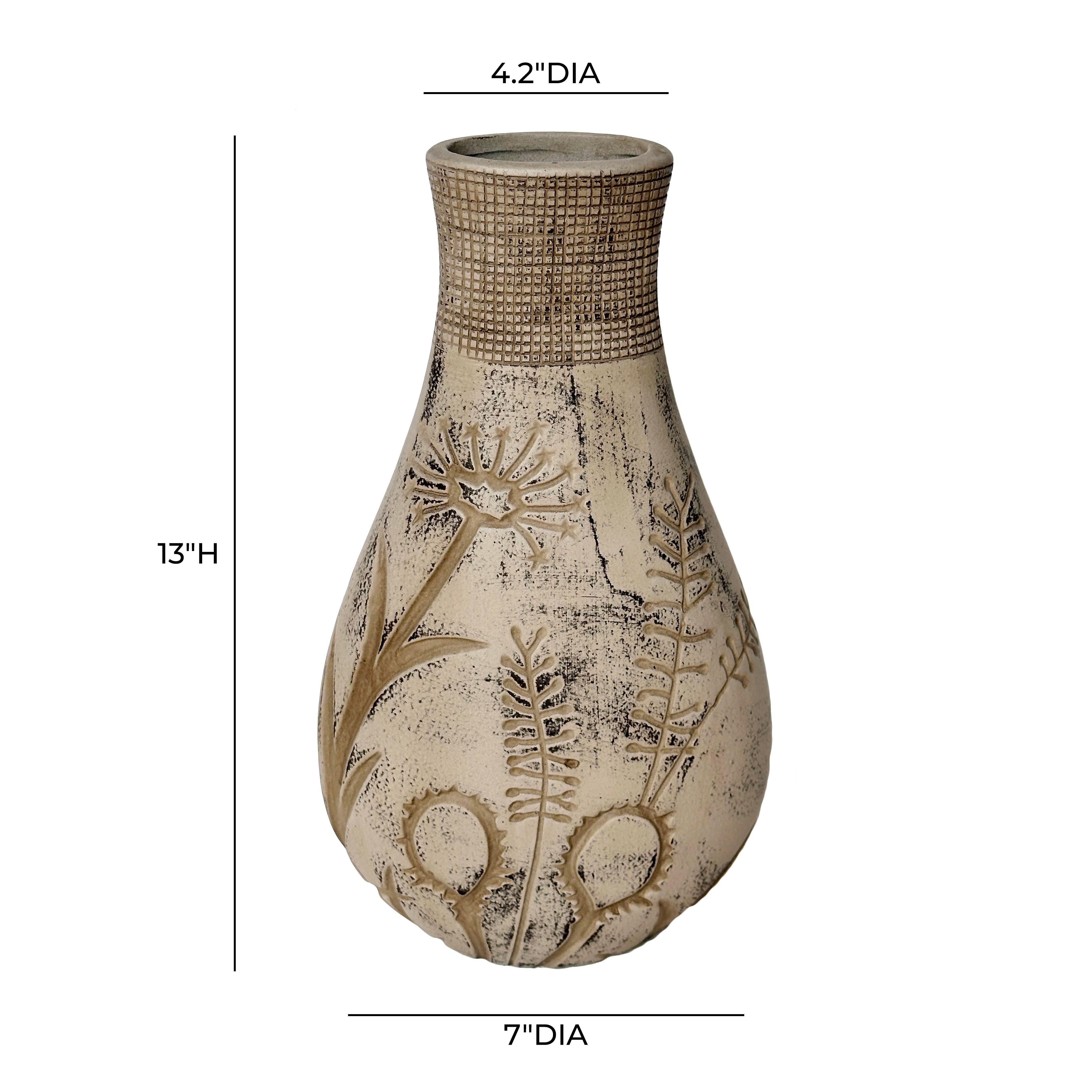 Earthenware Floral Pattern Vase in Grey