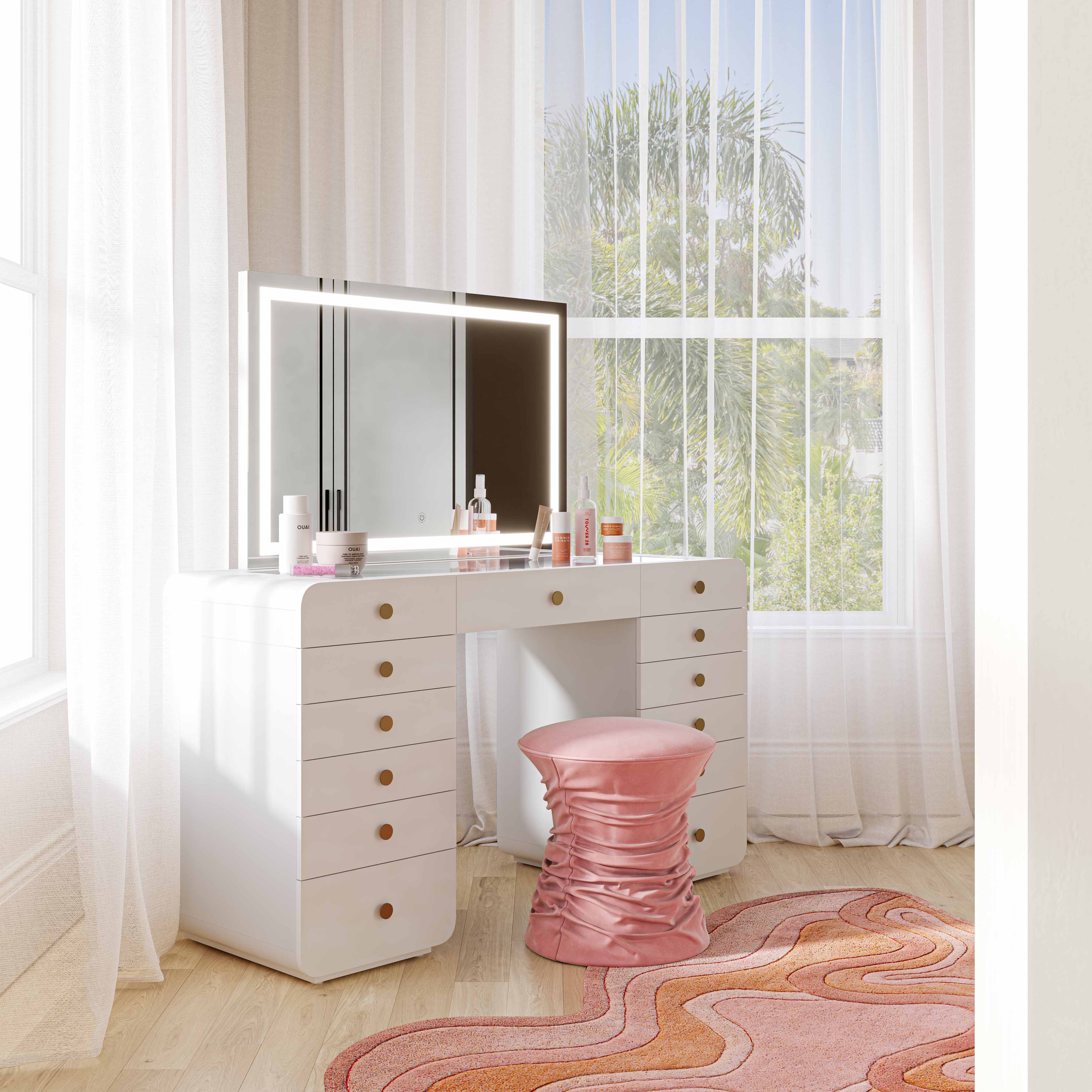 Hollywood White Desk with LED Panel Vanity Mirror