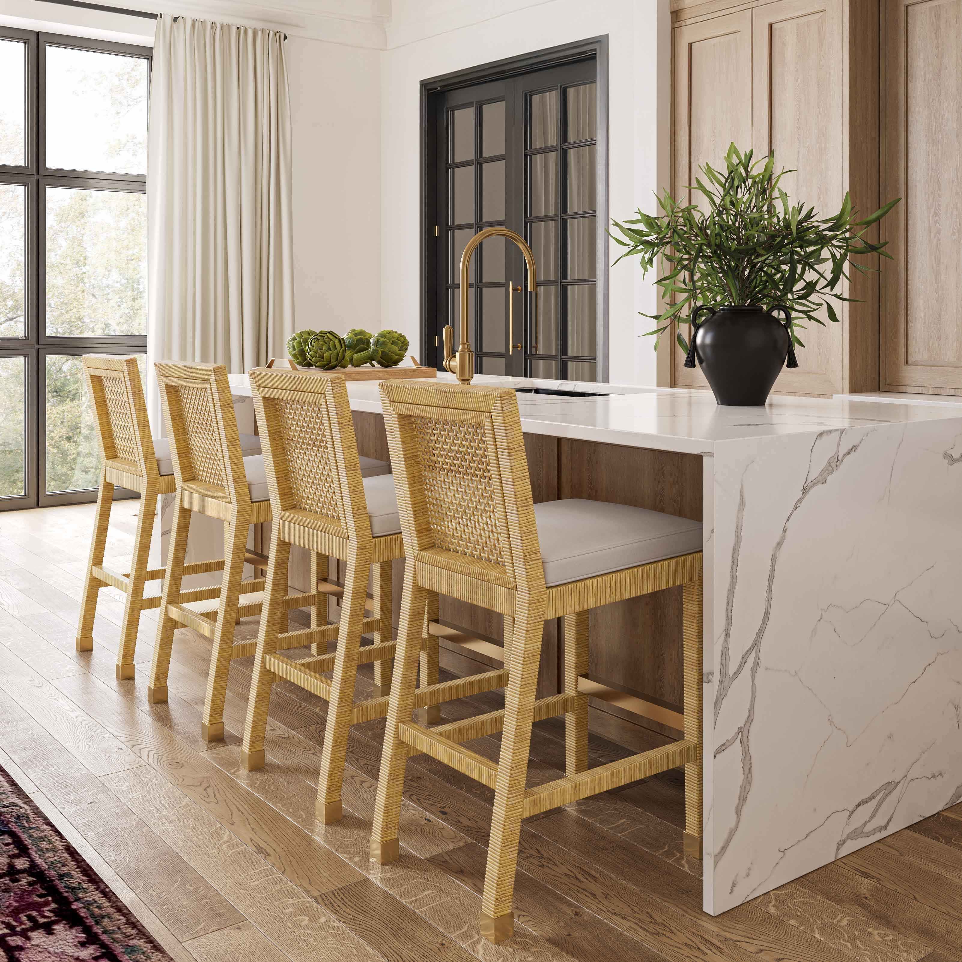 Amara Rattan & Cream Contract-Grade Linen Bar Stool