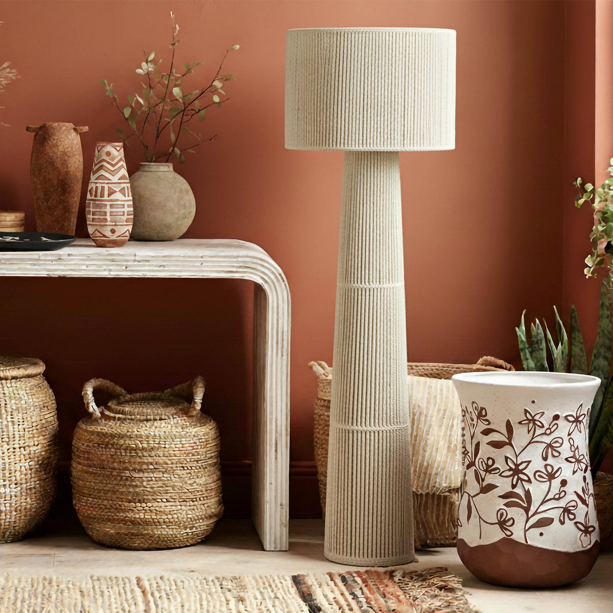Tapered Natural Chenille Fiber Floor Lamp