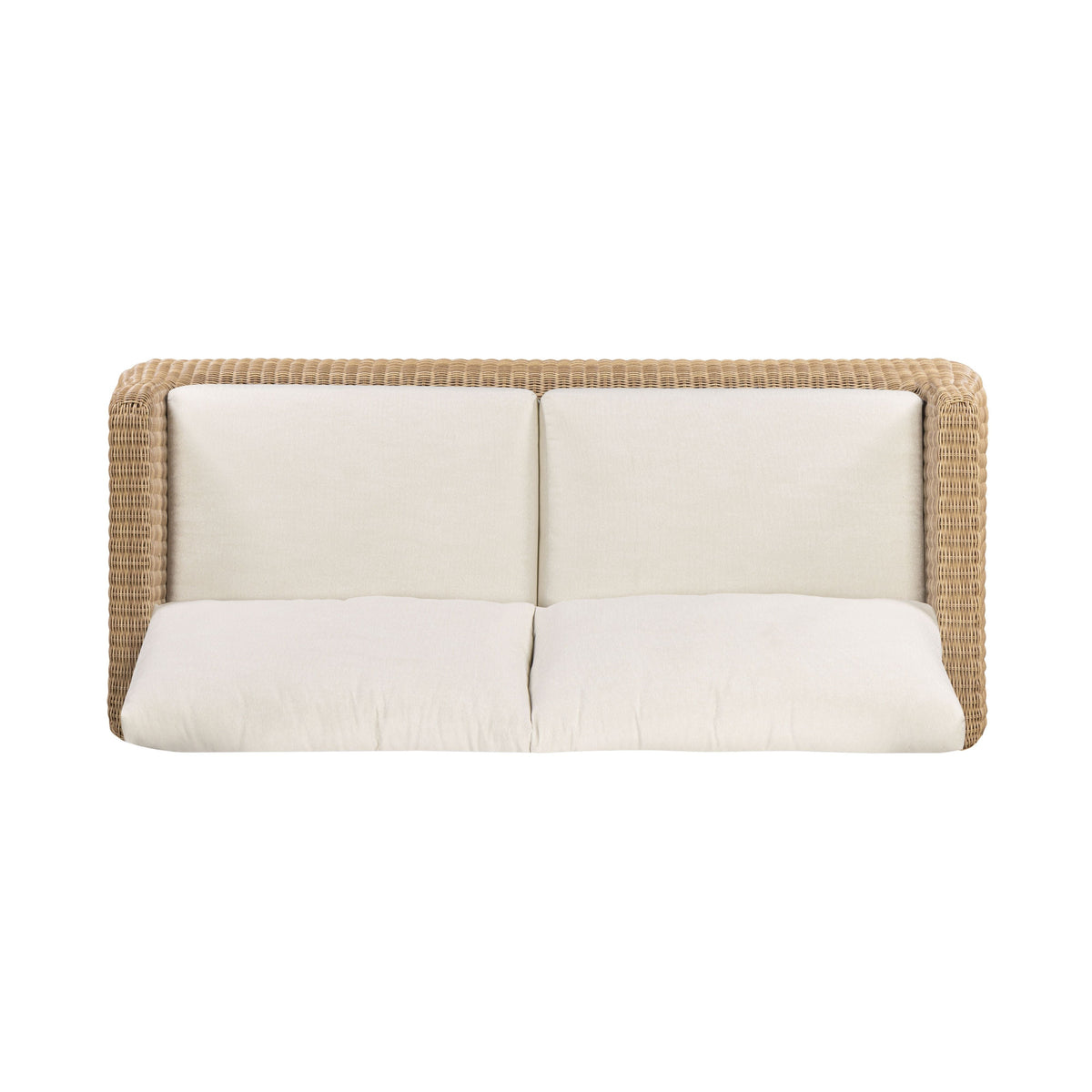 Dana 85" Outdoor Sofa by TOV Furniture — cream performance boucle cushions and resin wicker, high-angle view