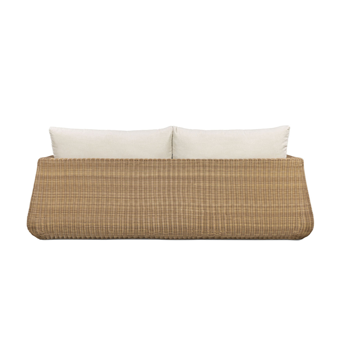 Dana 85" Outdoor Sofa by TOV Furniture — cream performance boucle cushions and resin wicker, rear view