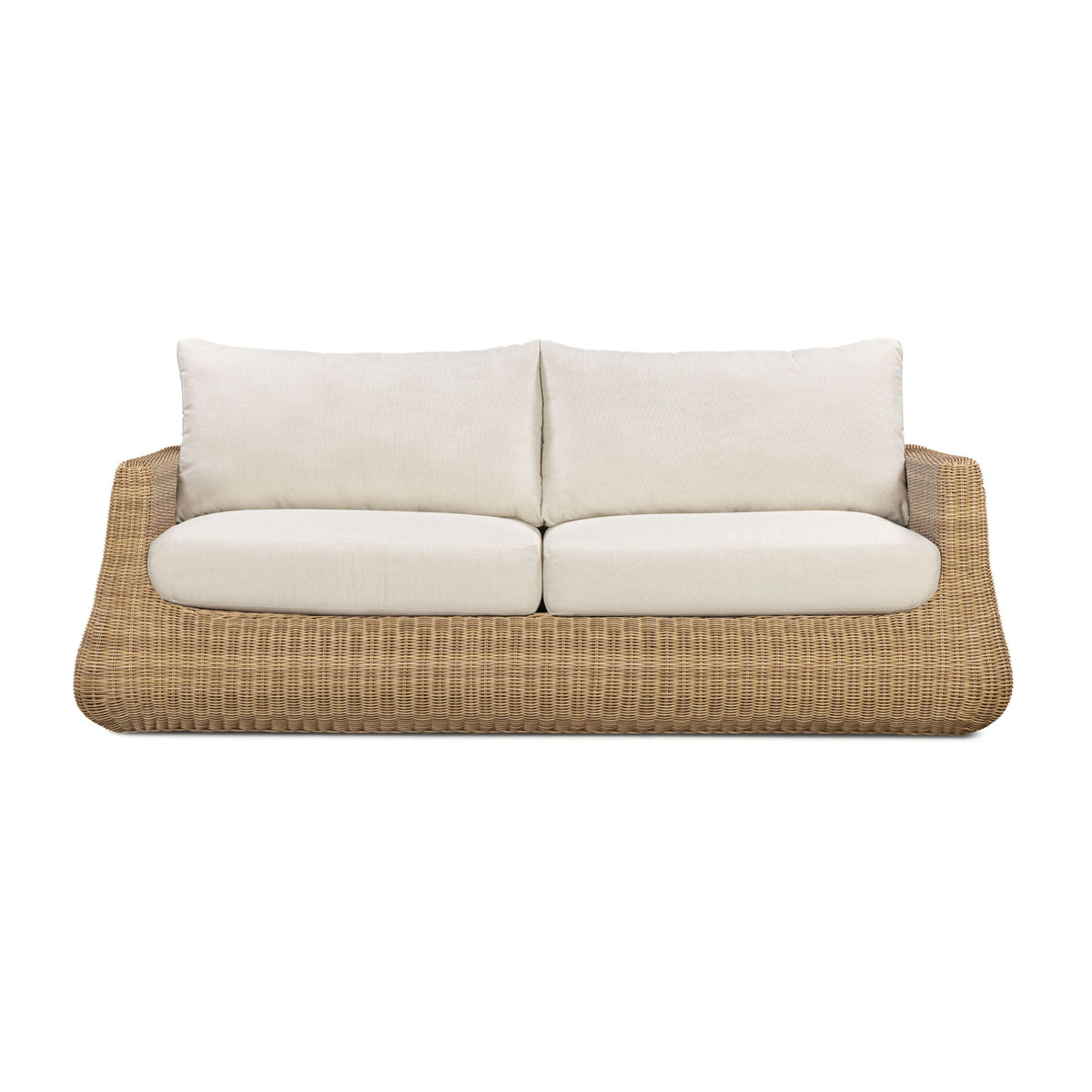 Dana 85" Outdoor Sofa by TOV Furniture — cream performance boucle cushions and resin wicker, front view