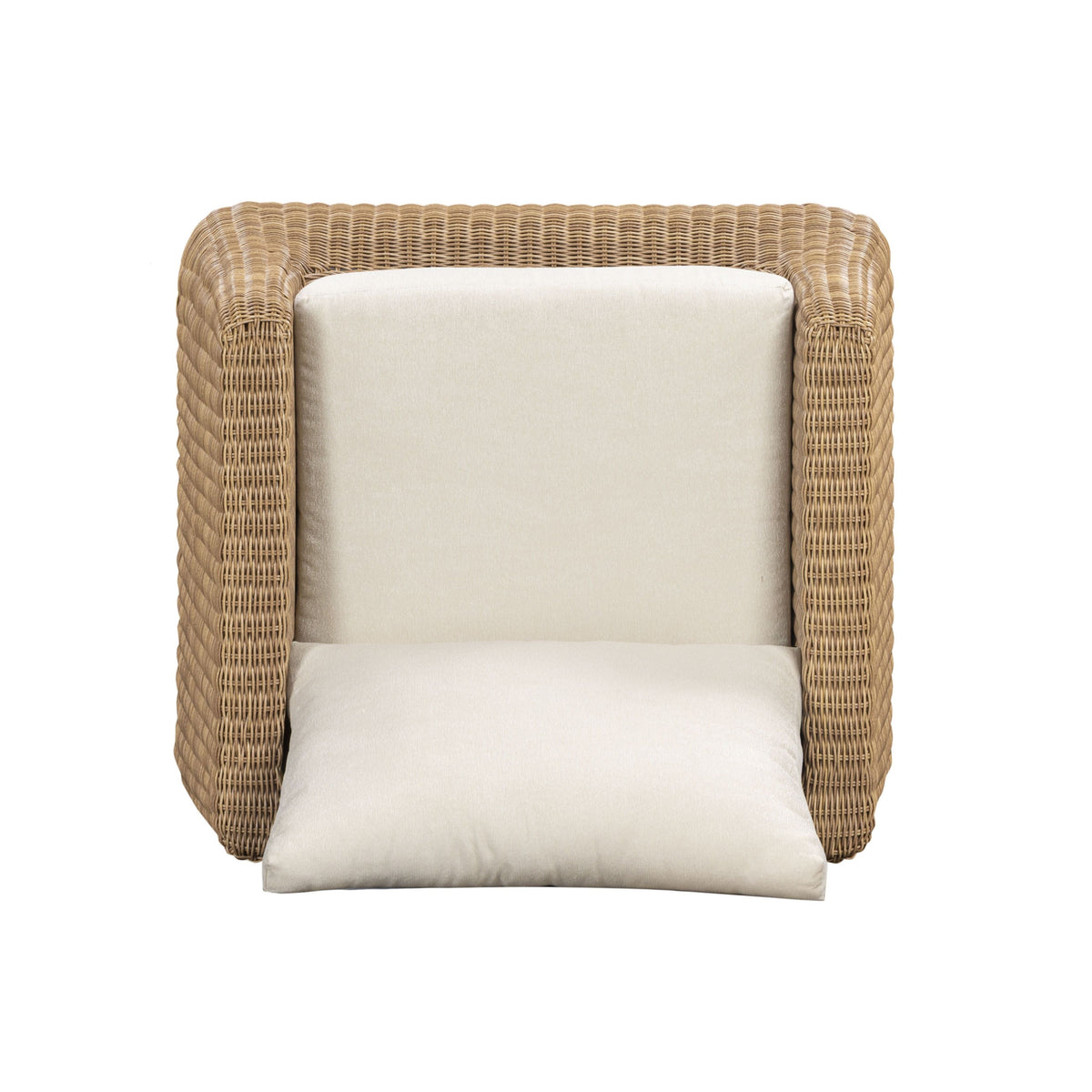Dana Outdoor Accent Chair by TOV Furniture — cream performance boucle cushions and resin wicker, high-angle view