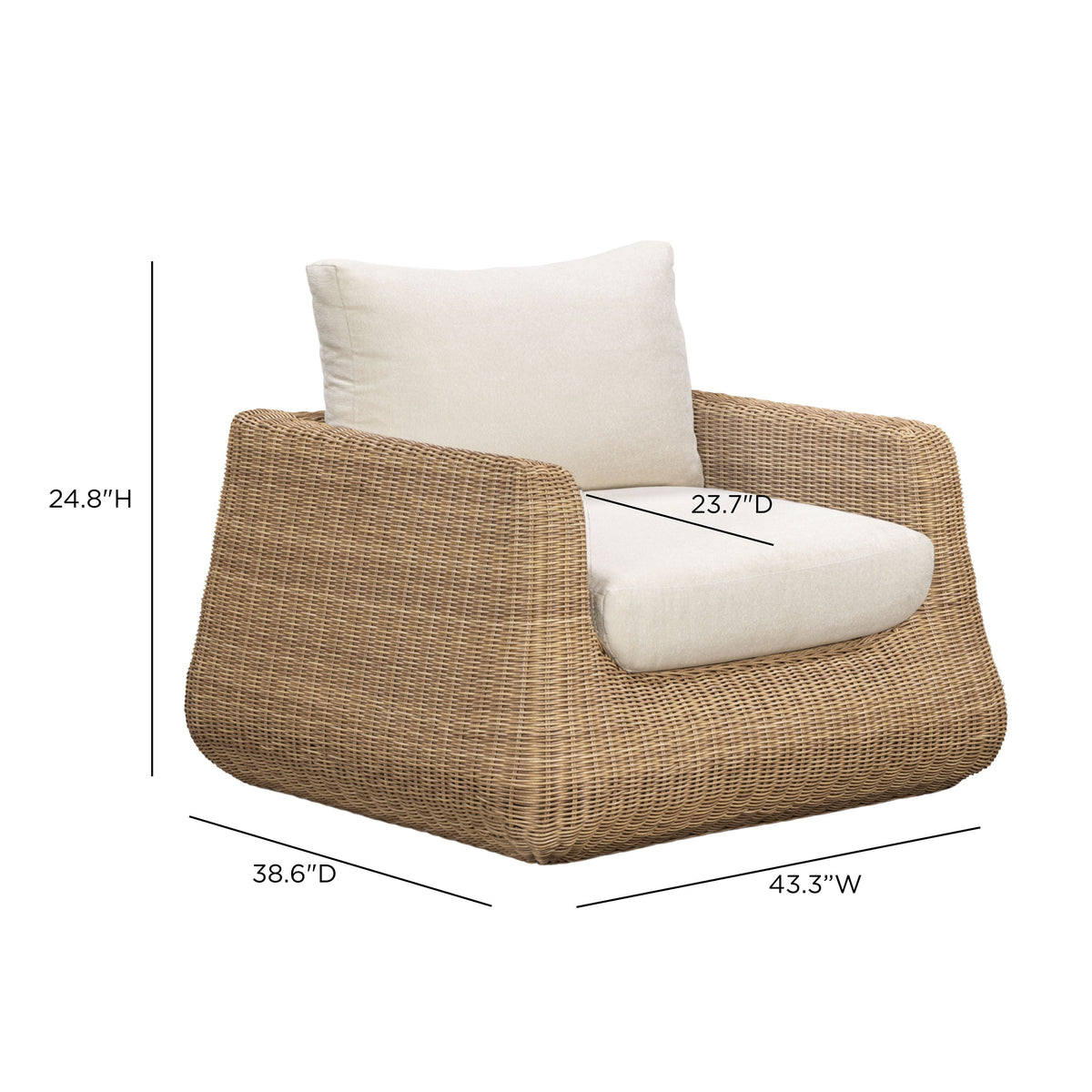 Dana Outdoor Accent Chair by TOV Furniture — cream cushions and resin wicker dimensional diagram