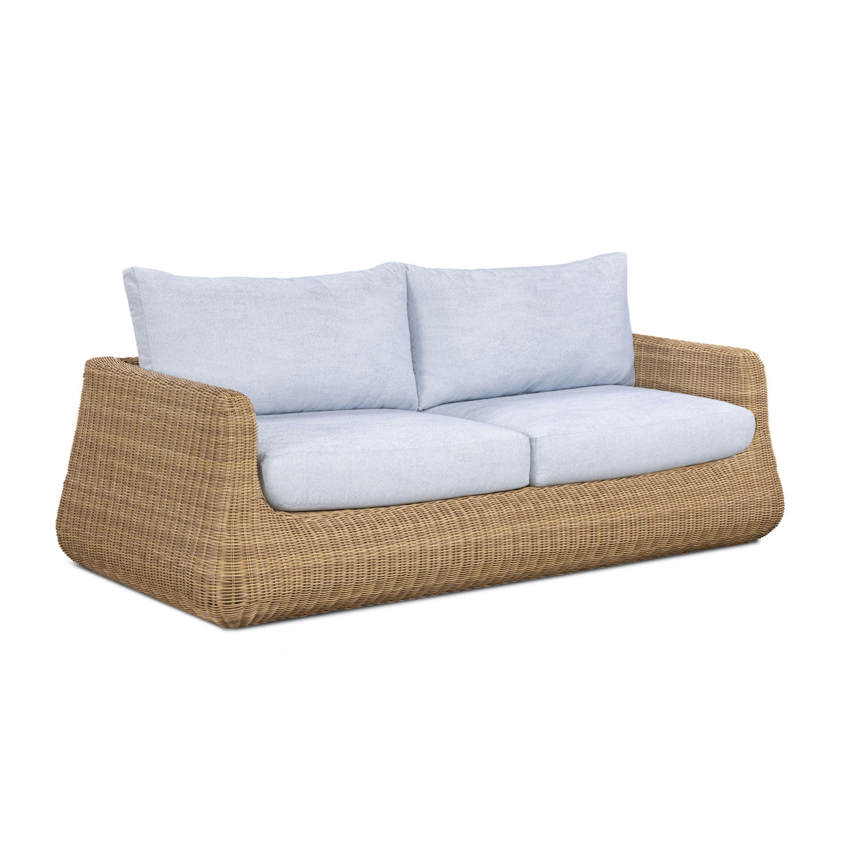 Dana 85" Outdoor Sofa by TOV Furniture — blue performance boucle cushions and resin wicker, angled front view