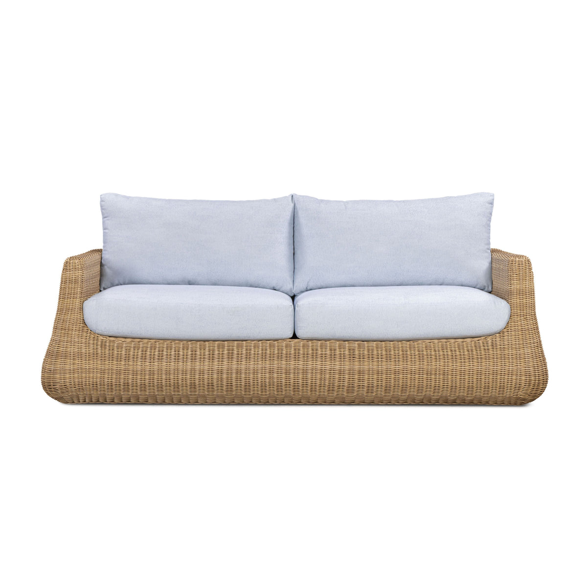Dana 85" Outdoor Sofa by TOV Furniture — blue performance boucle cushions and resin wicker, front view