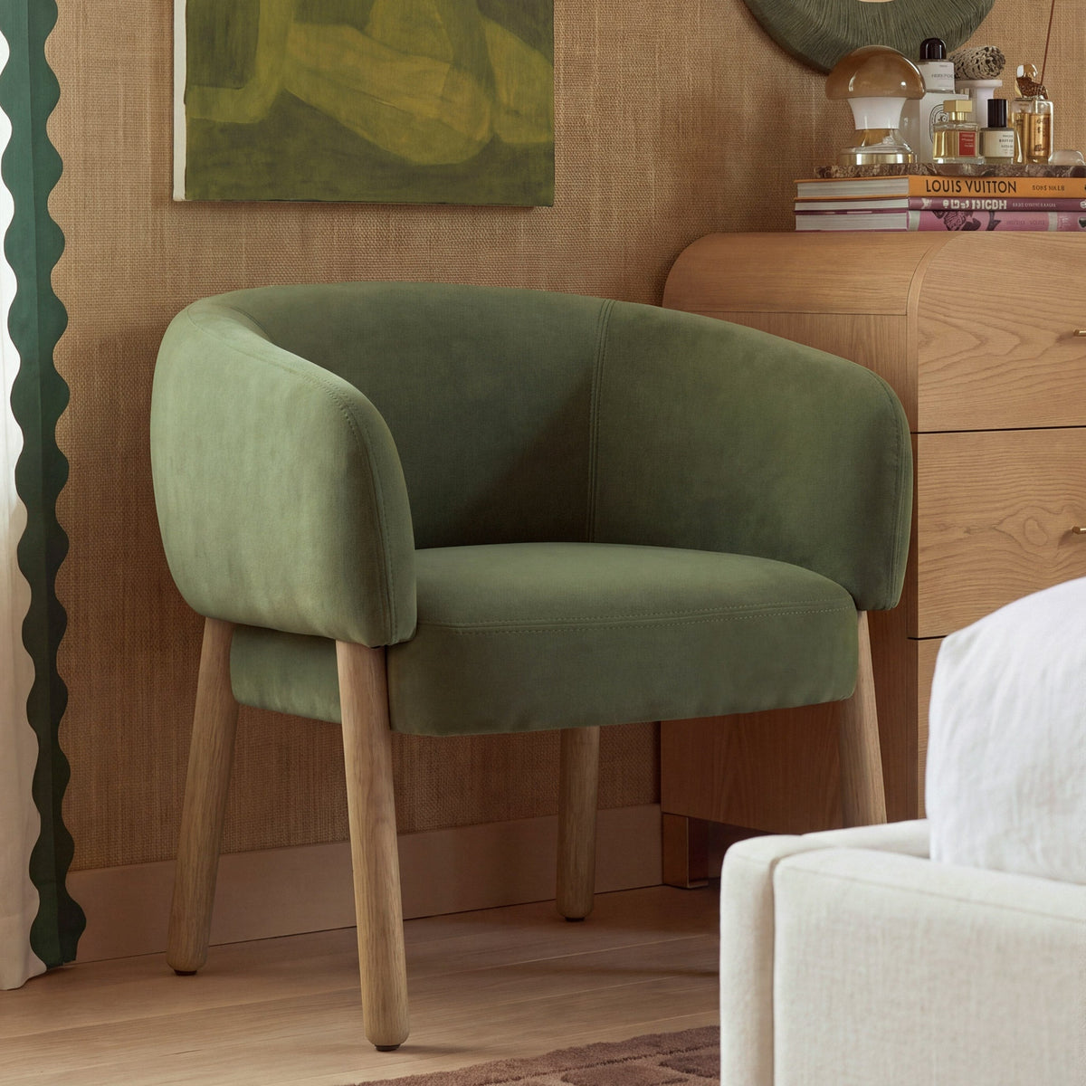 Foxy Performance Fabric Accent Chair in Olive Green — lifestyle view beside a wood dresser