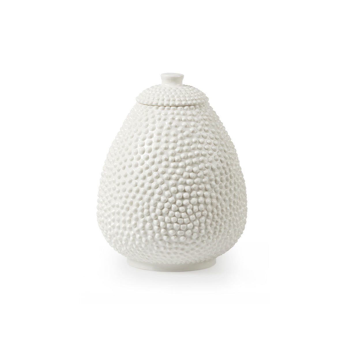 Adut Tall Vase by Villa & House — white glazed porcelain vessel with beaded relief and fitted lid, angled studio view
