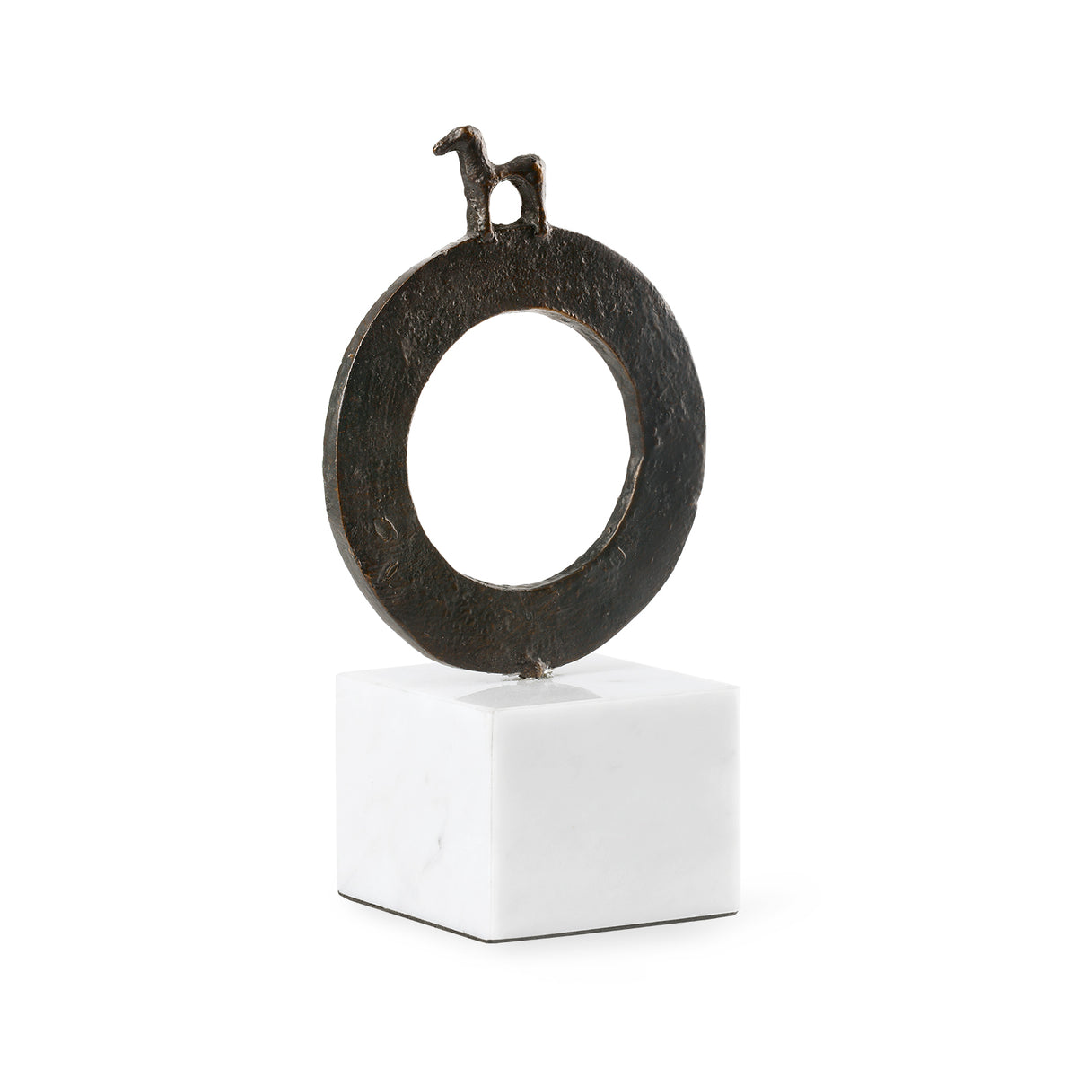 Akkadia Statue by Villa & House — Bronze variant with textured ring and horse figure on a Carrara marble base, angled view