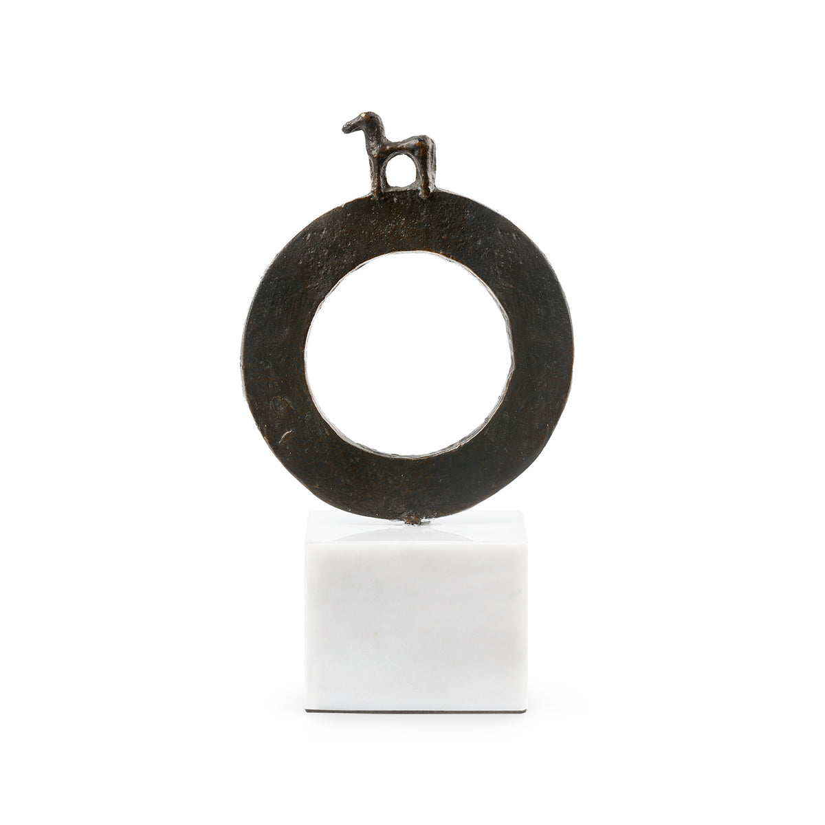 Akkadia Statue by Villa & House — dark bronze-finished ring with horse figure on a Carrara marble base, front view