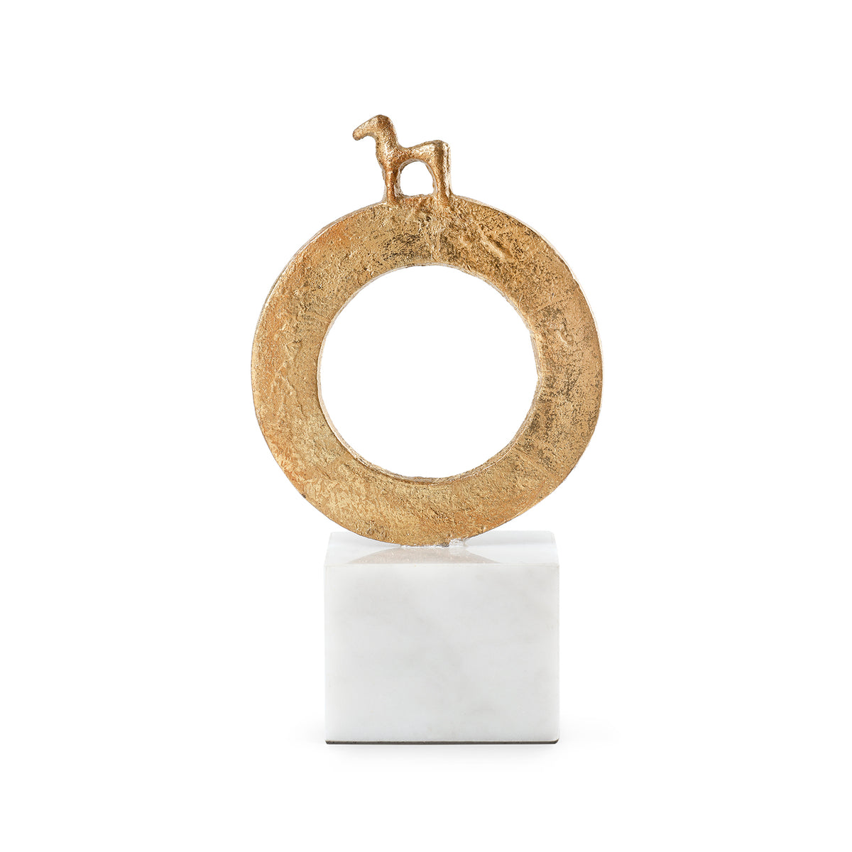 Akkadia Statue by Villa & House — gold-leaf ring with horse figure on a Carrara marble base, front view