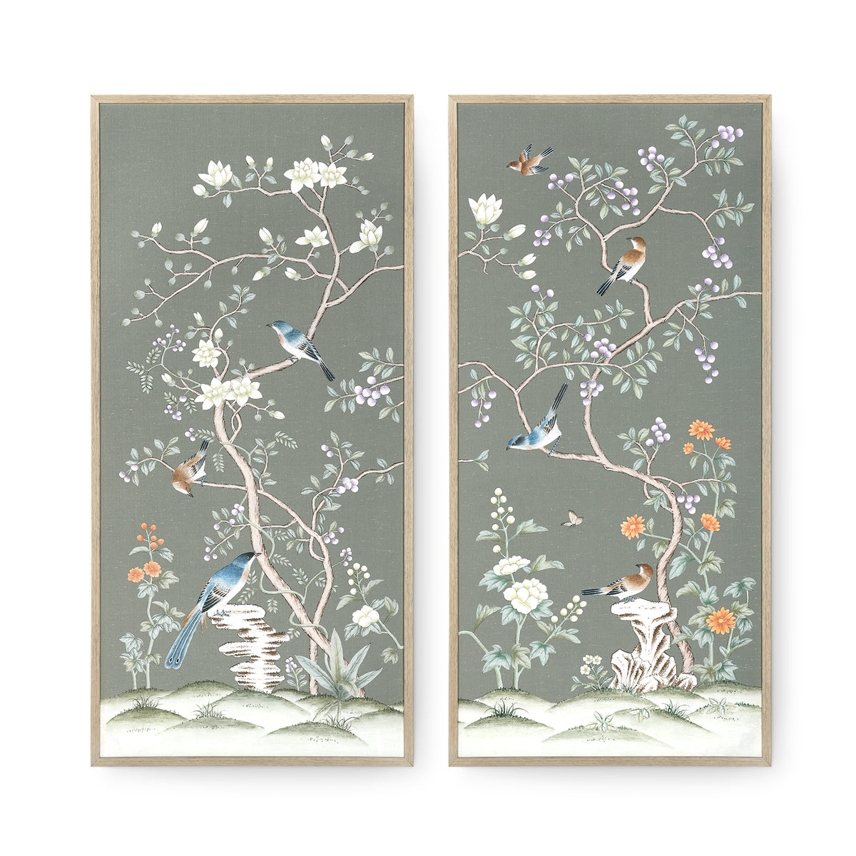 Celadon Bough Framed Silk Panel Pair