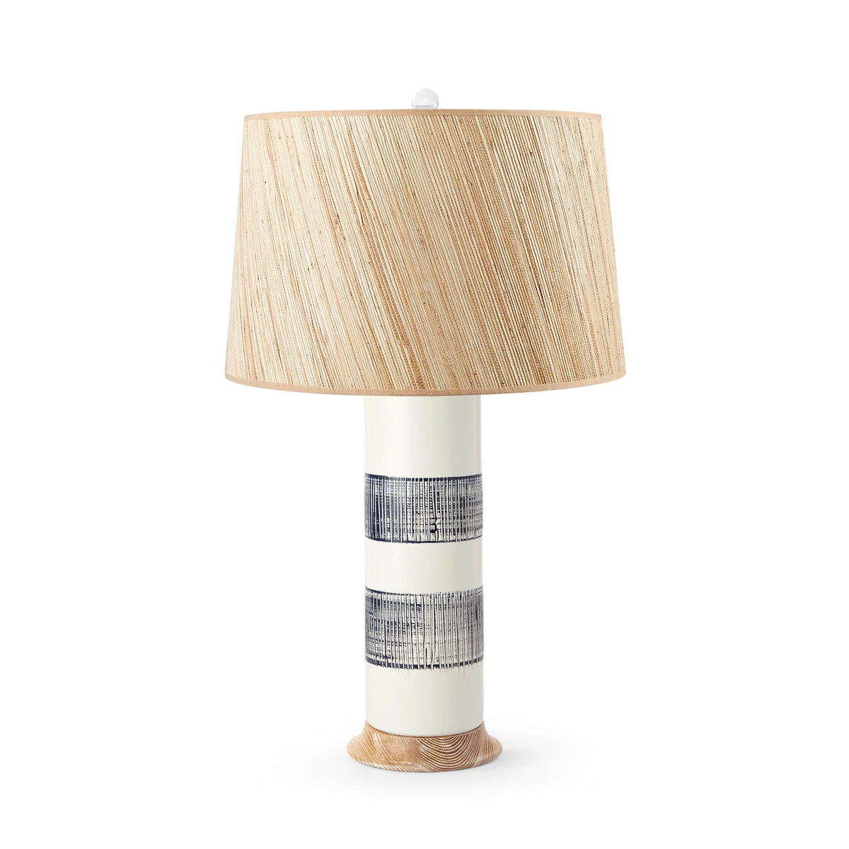 Elena Lamp by Villa & House — white hand-carved ceramic column with blue-banded details, cerused oak base and natural raffia papyrus shade.