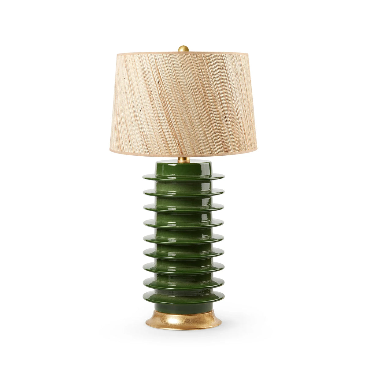 Elektra Lamp by Villa & House — Dark Green geometric glazed porcelain base with gold-leaf accents and natural raffia papyrus shade.