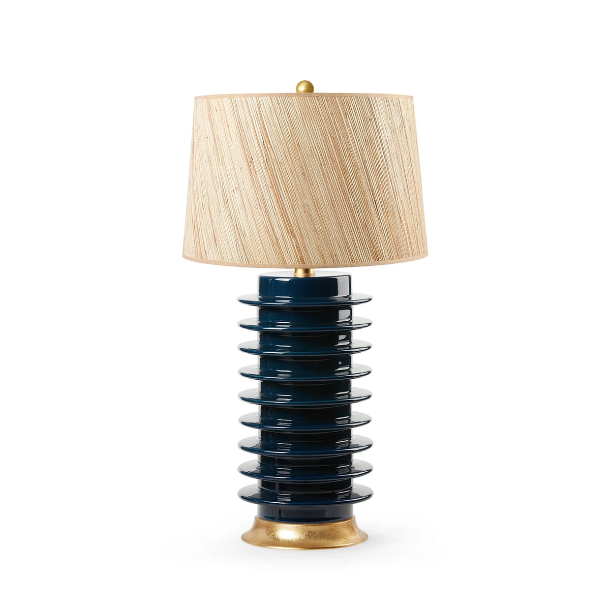 Elektra Lamp by Villa & House — Navy Blue geometric glazed porcelain base with gold-leaf accents and natural raffia papyrus shade.