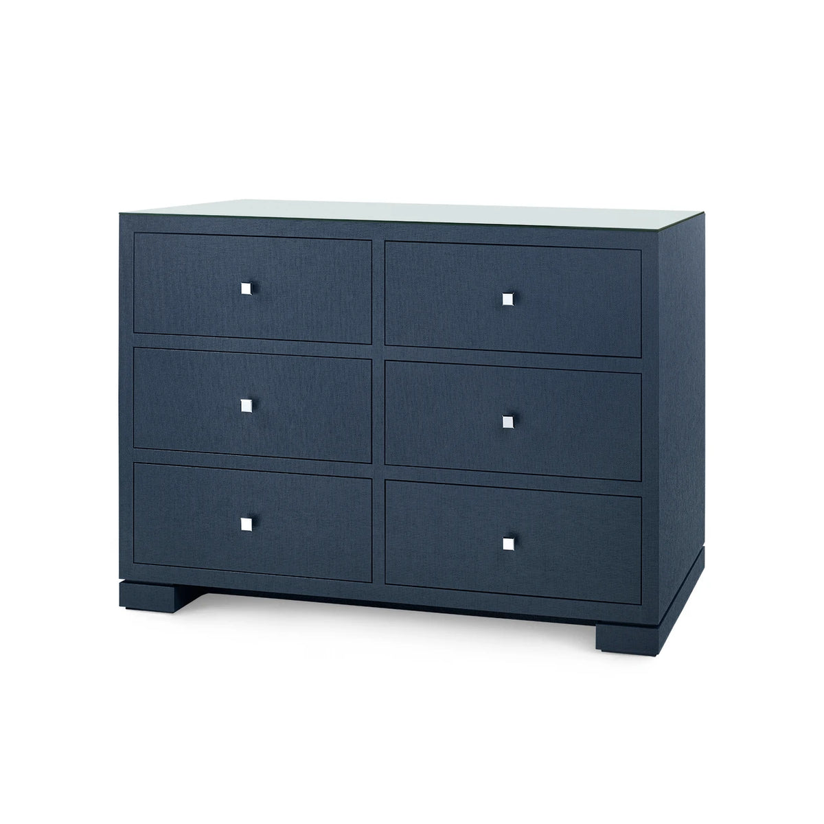 Frances Extra Large 6-Drawer with Glass Top by Villa & House — Deep Navy grasscloth, angled view