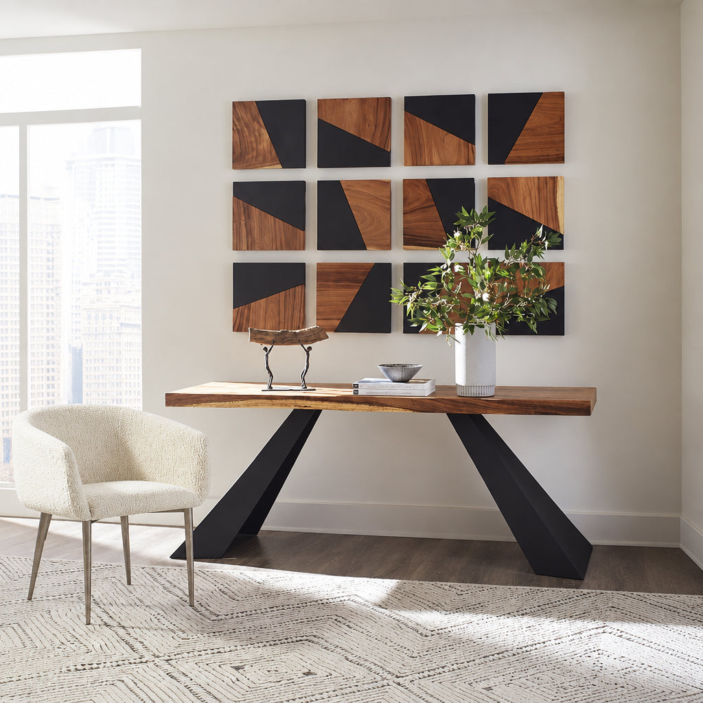 Tapered Wood Console by Phillips Collection — chamcha wood top with two tapered metal legs.