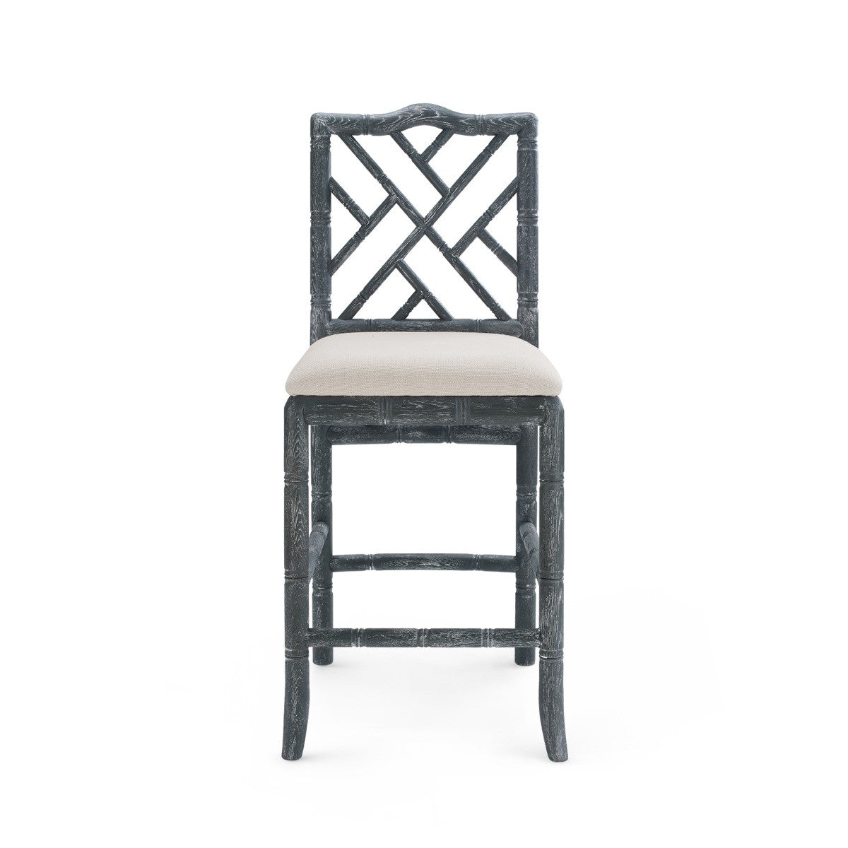 Hampton Counter Stool by Villa & House — front view of dark gray limed-oak frame with fretwork back and linen cushion