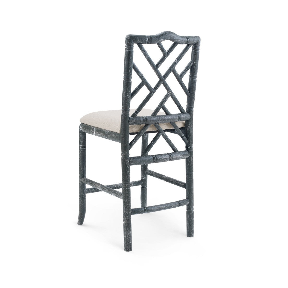 Hampton Counter Stool by Villa & House — rear three-quarter view of dark gray limed-oak frame and linen cushion