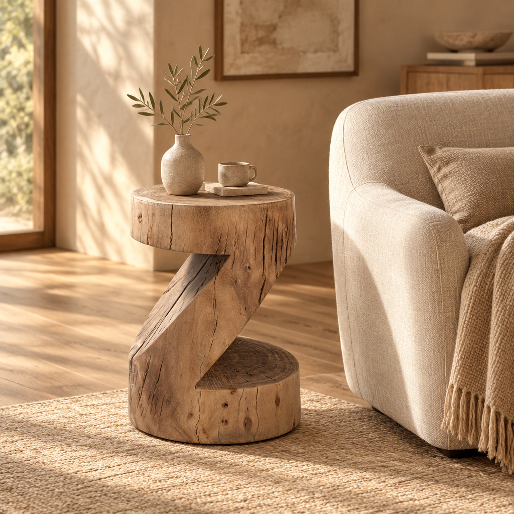 Urbia Anchali wood end table beside a cream armchair in a warm, AI-styled living room