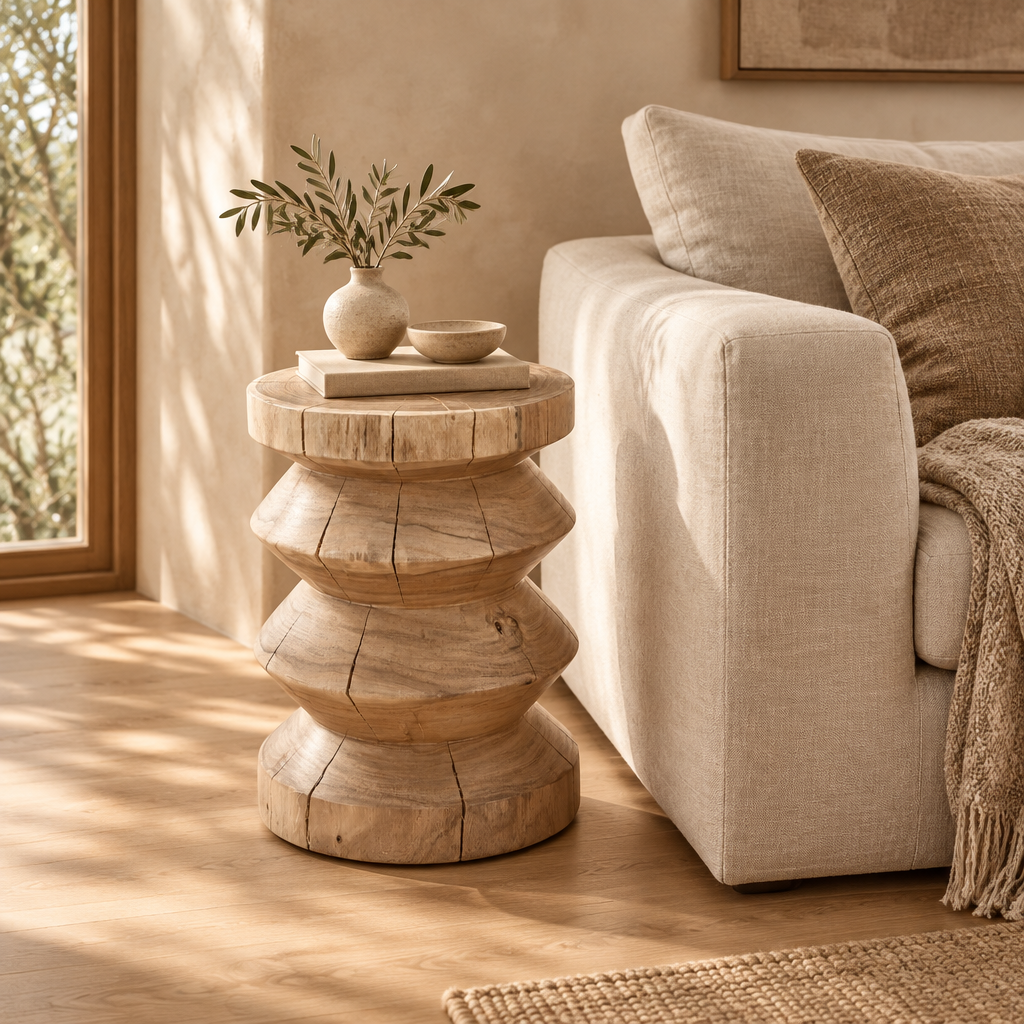 Urbia Asnee sculpted wood end table beside a cream sofa in a warm, AI-styled living room